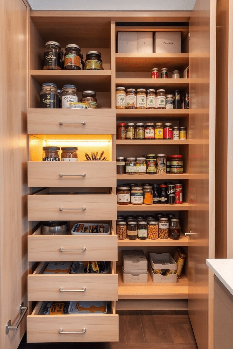 A modern built-in pantry featuring sleek pull-out drawers made of light wood, providing ample storage for kitchen essentials. The pantry is illuminated by warm LED lighting, highlighting the organized shelves filled with jars, spices, and neatly stacked canned goods.