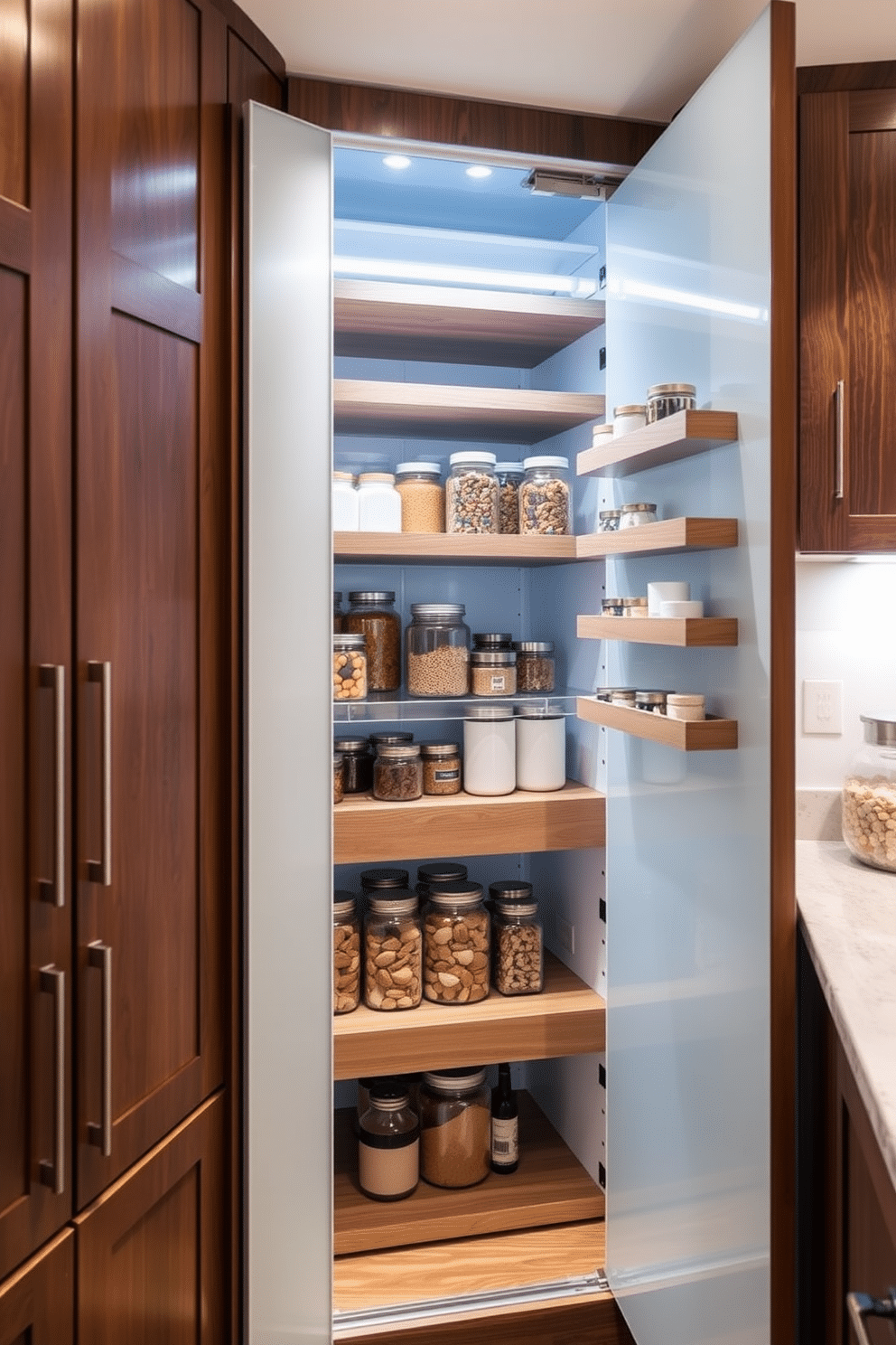 A stylish corner pantry featuring rotating shelves that maximize storage efficiency. The shelves are crafted from high-quality wood, showcasing a rich finish that complements the surrounding cabinetry. The pantry door is a sleek, frosted glass that adds a modern touch while allowing a glimpse of the organized interior. Soft LED lighting illuminates the space, highlighting the neatly arranged jars and containers.