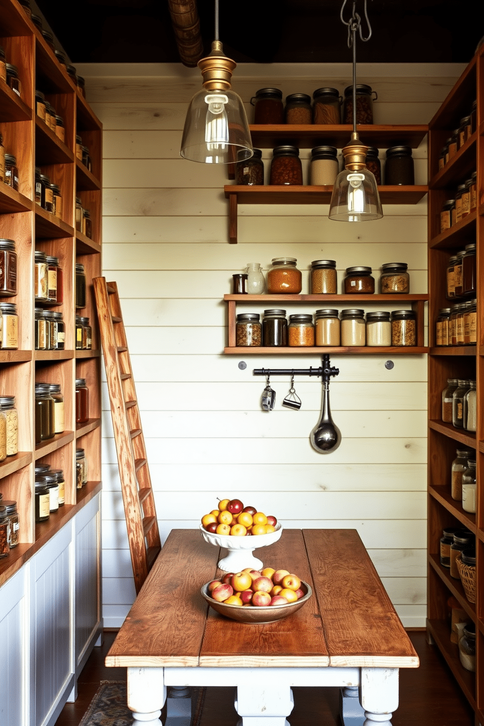 A vintage-style pantry featuring reclaimed wood shelves that showcase an array of glass jars filled with dried goods and spices. The walls are adorned with rustic shiplap, while an antique wooden ladder leans against the shelves for easy access to the upper storage. In the center, a farmhouse-style table holds a vibrant bowl of fresh fruits, adding a pop of color to the earthy tones. Soft, ambient lighting from pendant fixtures illuminates the space, creating a warm and inviting atmosphere perfect for culinary creativity.