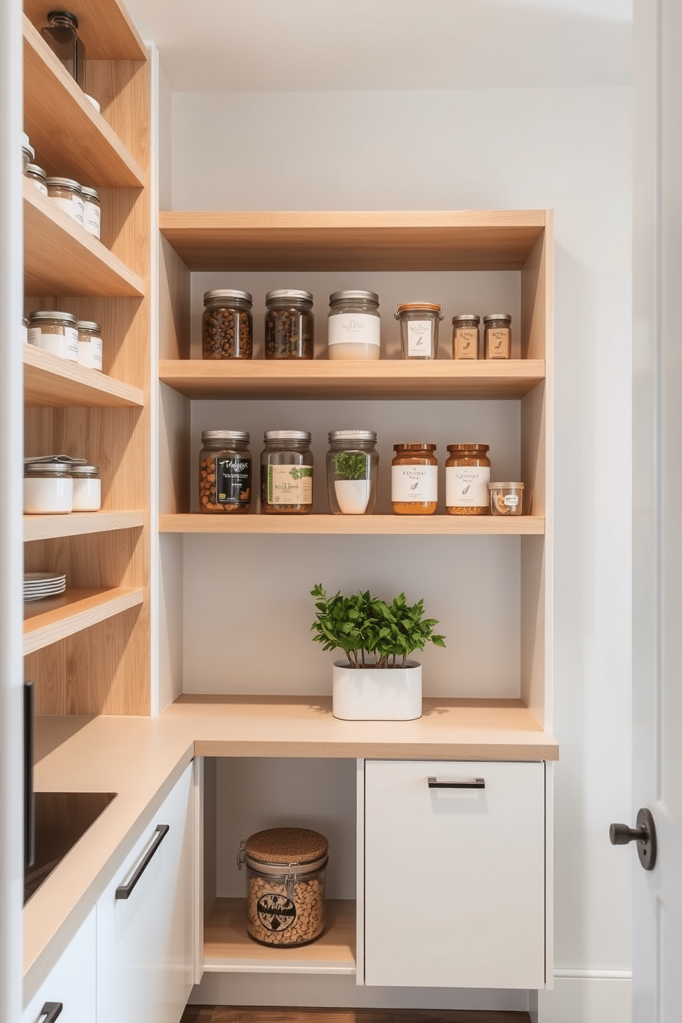 A sleek apartment pantry features floating shelves that create an open and airy feel. The shelves are crafted from light wood, showcasing neatly arranged jars and decorative items for a modern touch. The pantry includes a minimalist design with a combination of white cabinetry and open shelving. A small herb garden sits on one of the shelves, adding a pop of greenery to the contemporary space.