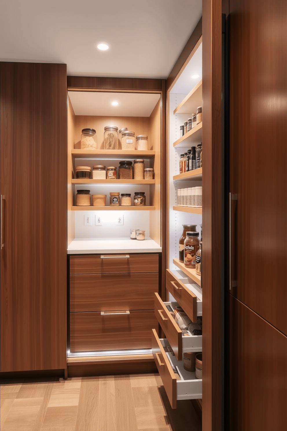 A sleek integrated pantry seamlessly blends into the kitchen cabinetry, featuring flush doors that match the surrounding wood finish. Inside, adjustable shelving organizes dry goods, while pull-out drawers provide easy access to smaller items, ensuring a clutter-free environment. The pantry's interior is illuminated by soft LED lighting, highlighting the neatly arranged jars and containers. A small countertop area within the pantry offers space for meal prep, making it a functional extension of the kitchen.