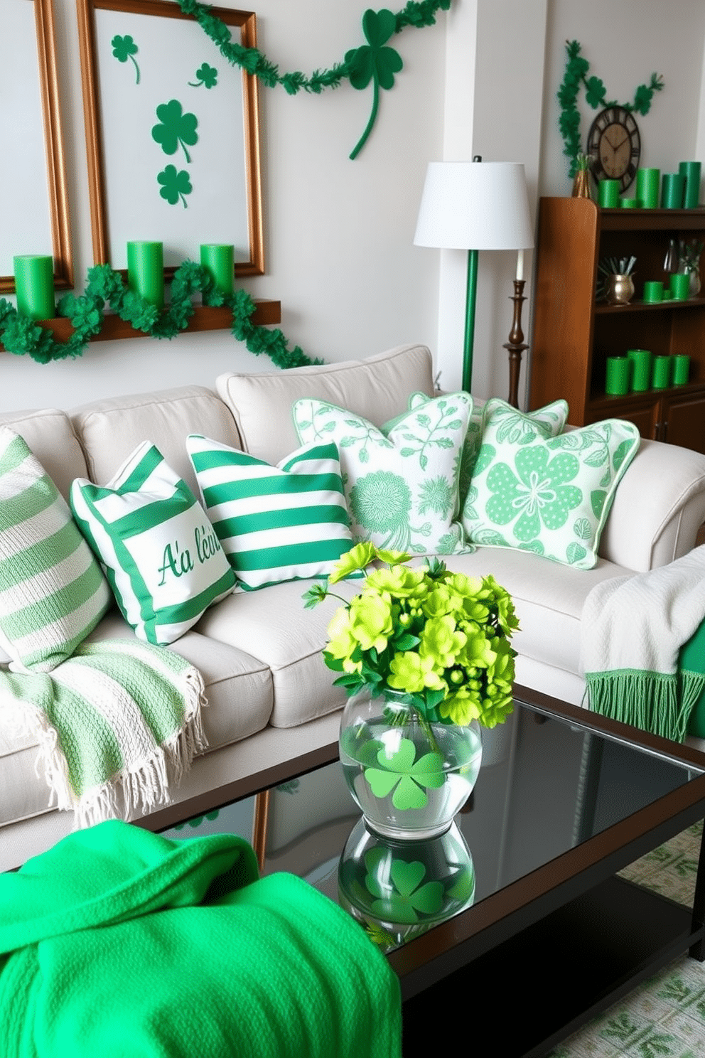 A cozy living room adorned with green-themed throw pillows and blankets. The pillows feature various patterns, including stripes and florals, while the soft blankets are draped casually over the arm of a plush sofa. To celebrate St. Patrick's Day, the room is accented with festive decorations such as shamrock garlands and green candles. A stylish coffee table holds a centerpiece of fresh green flowers in a decorative vase, enhancing the cheerful ambiance.