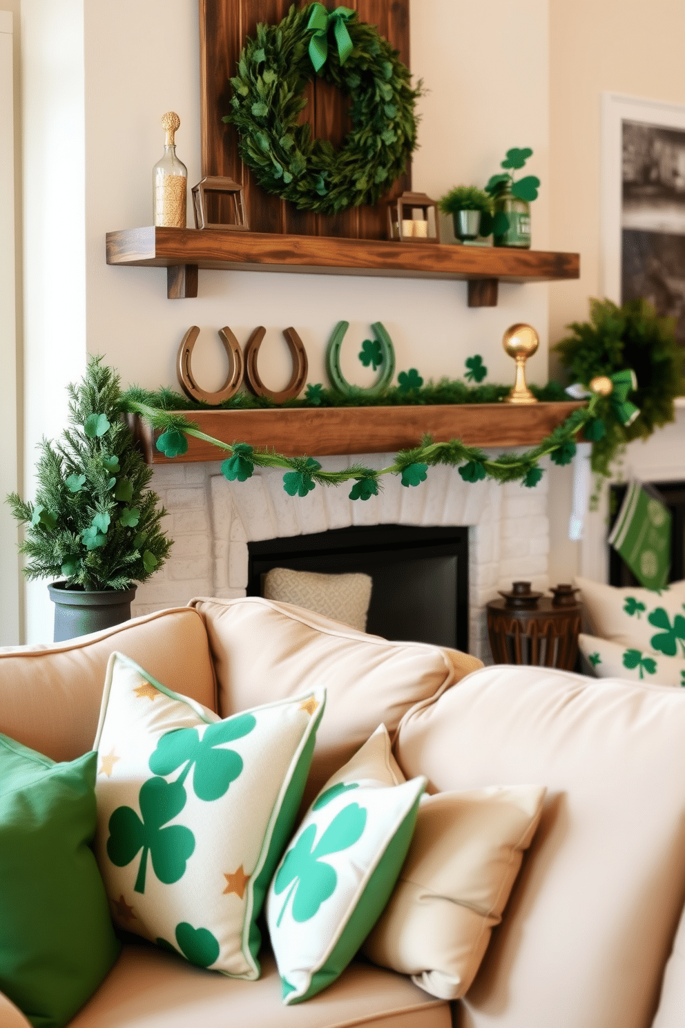 A charming living room adorned with lucky horseshoe decorations. The horseshoes are displayed on a rustic wooden shelf, complemented by green and gold accents for St. Patrick's Day. Cushions with shamrock patterns are scattered on a cozy beige sofa. A festive garland made of green fabric hangs above the mantel, adding a touch of holiday spirit to the space.