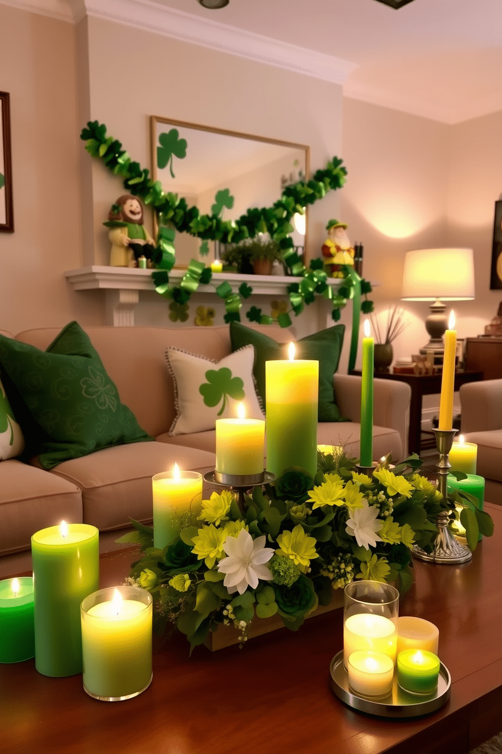 A cozy living room adorned with St. Patrick's Day-themed candles, featuring various sizes and shapes in vibrant green and gold hues. The flickering candlelight casts a warm glow, accentuating the festive decorations that include shamrocks and leprechaun motifs. The apartment is tastefully decorated for St. Patrick's Day, with green throw pillows and a cheerful garland of shamrocks draped across the mantel. A stylish table centerpiece showcases a mix of fresh flowers and themed candles, creating a welcoming atmosphere for guests.