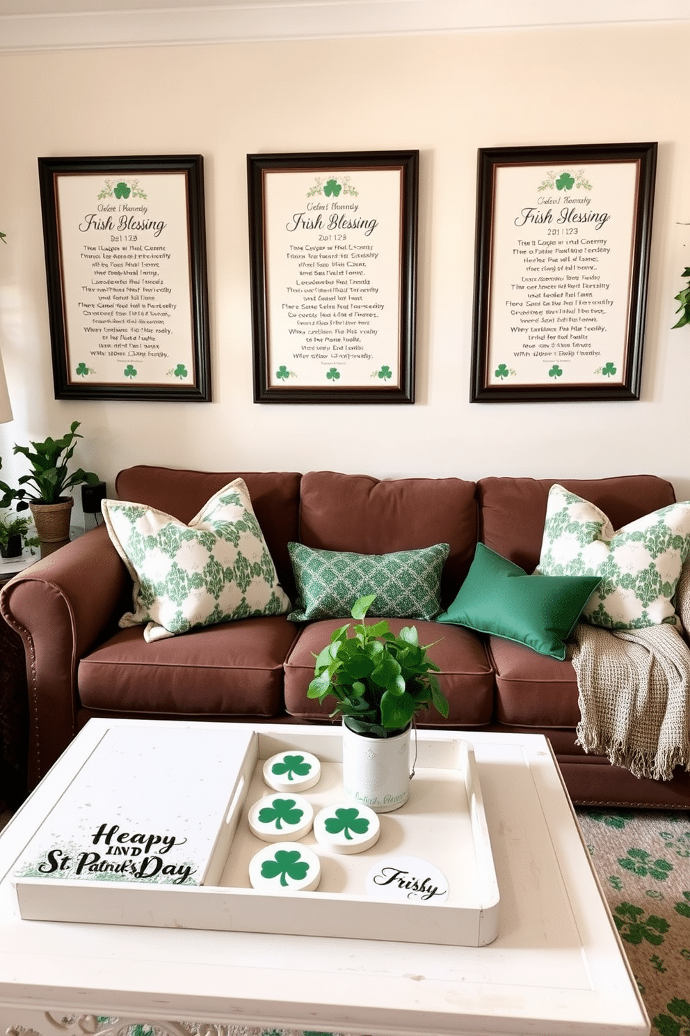 A cozy living room adorned with Irish blessing framed prints. The prints are elegantly displayed on a soft cream wall, surrounded by lush green accents and festive decorations for St. Patrick's Day. A charming coffee table is set with a decorative tray featuring shamrock-themed coasters and a small potted plant. Soft, warm lighting enhances the inviting atmosphere, making it perfect for celebrating the holiday with friends and family.