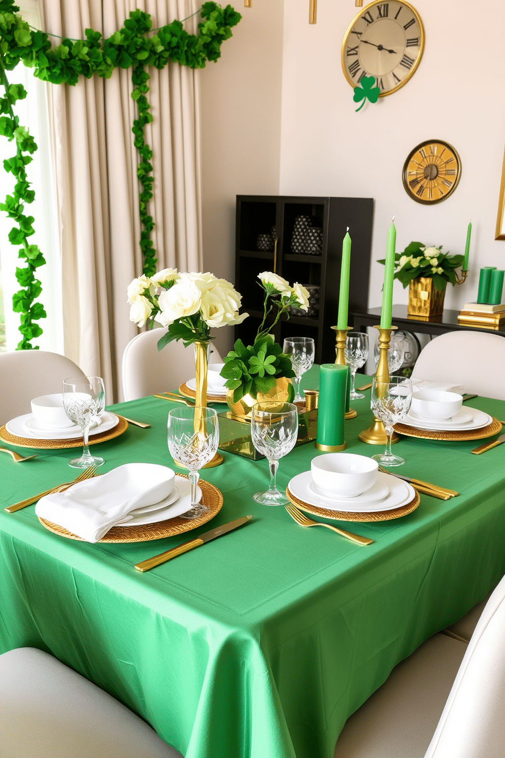 A luxurious dining table setup featuring a rich green tablecloth adorned with gold accents. The table is elegantly set with fine china, sparkling crystal glassware, and gold cutlery, complemented by fresh white flowers in a gold vase. Creative St. Patrick's Day decorating ideas for a modern apartment include vibrant green garlands and gold-themed centerpieces. Incorporate playful elements like shamrock-shaped coasters and festive green candles to enhance the celebratory atmosphere.