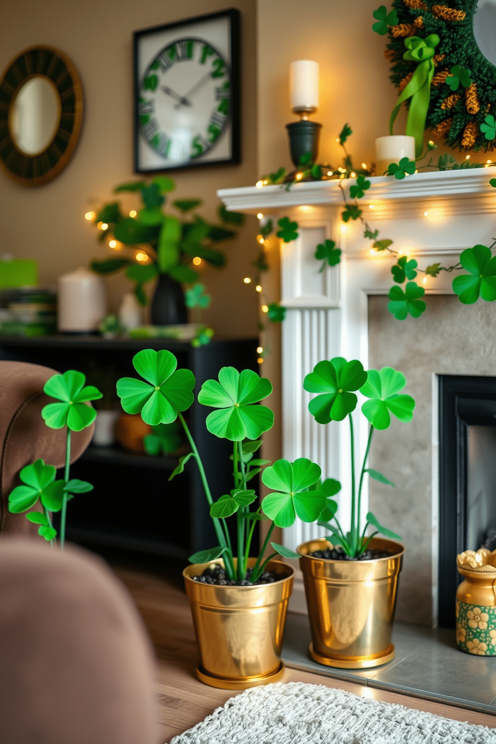 A cozy apartment adorned for St. Patrick's Day, featuring vibrant potted shamrock plants placed strategically in the living room. The decor includes festive green and gold accents, with a charming garland of shamrocks draped over a mantel and twinkling fairy lights adding a warm glow.