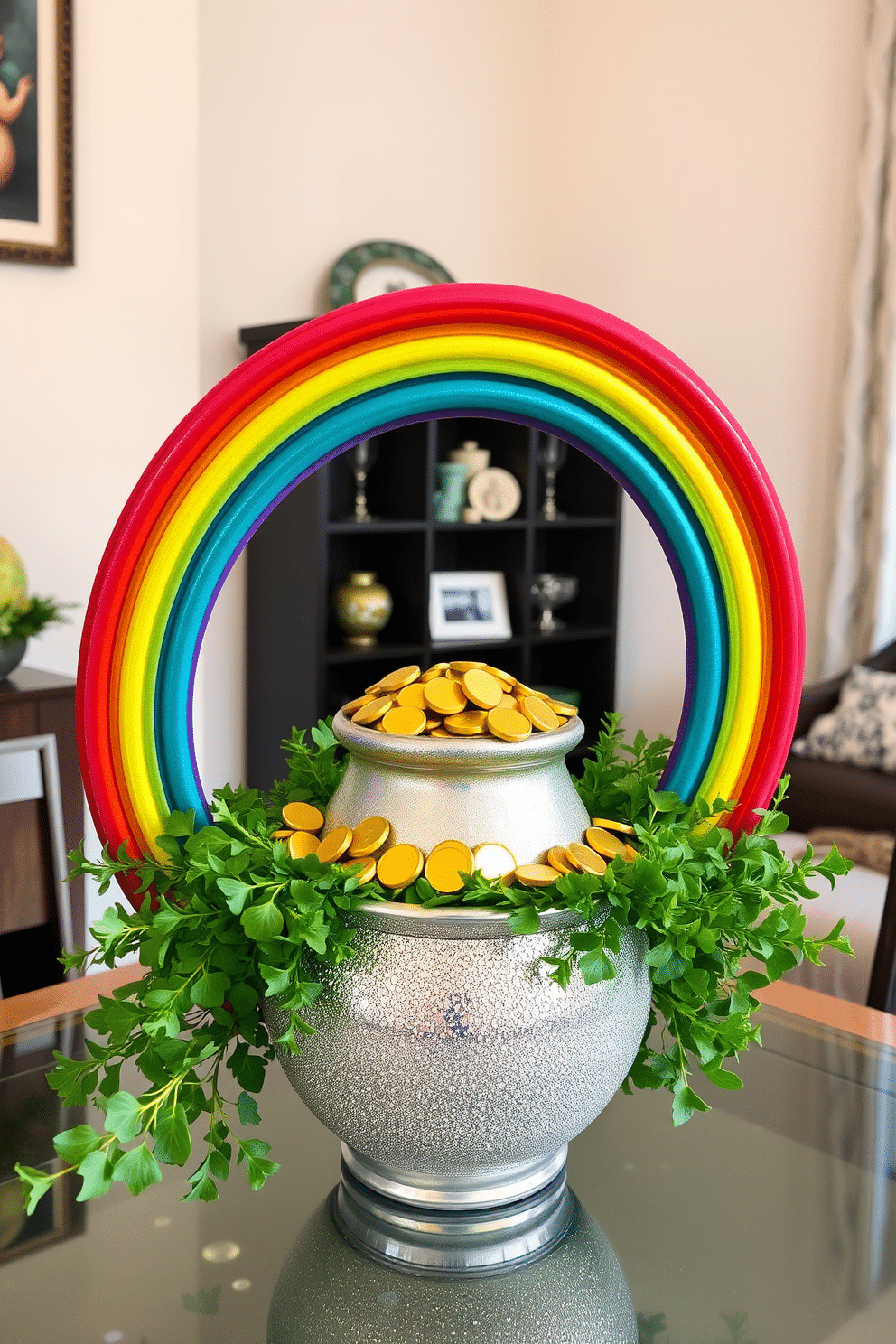 A vibrant centerpiece featuring a rainbow arching over a shimmering pot of gold. The pot is filled with faux gold coins and surrounded by lush green foliage, creating a festive St. Patrick's Day atmosphere in the apartment.