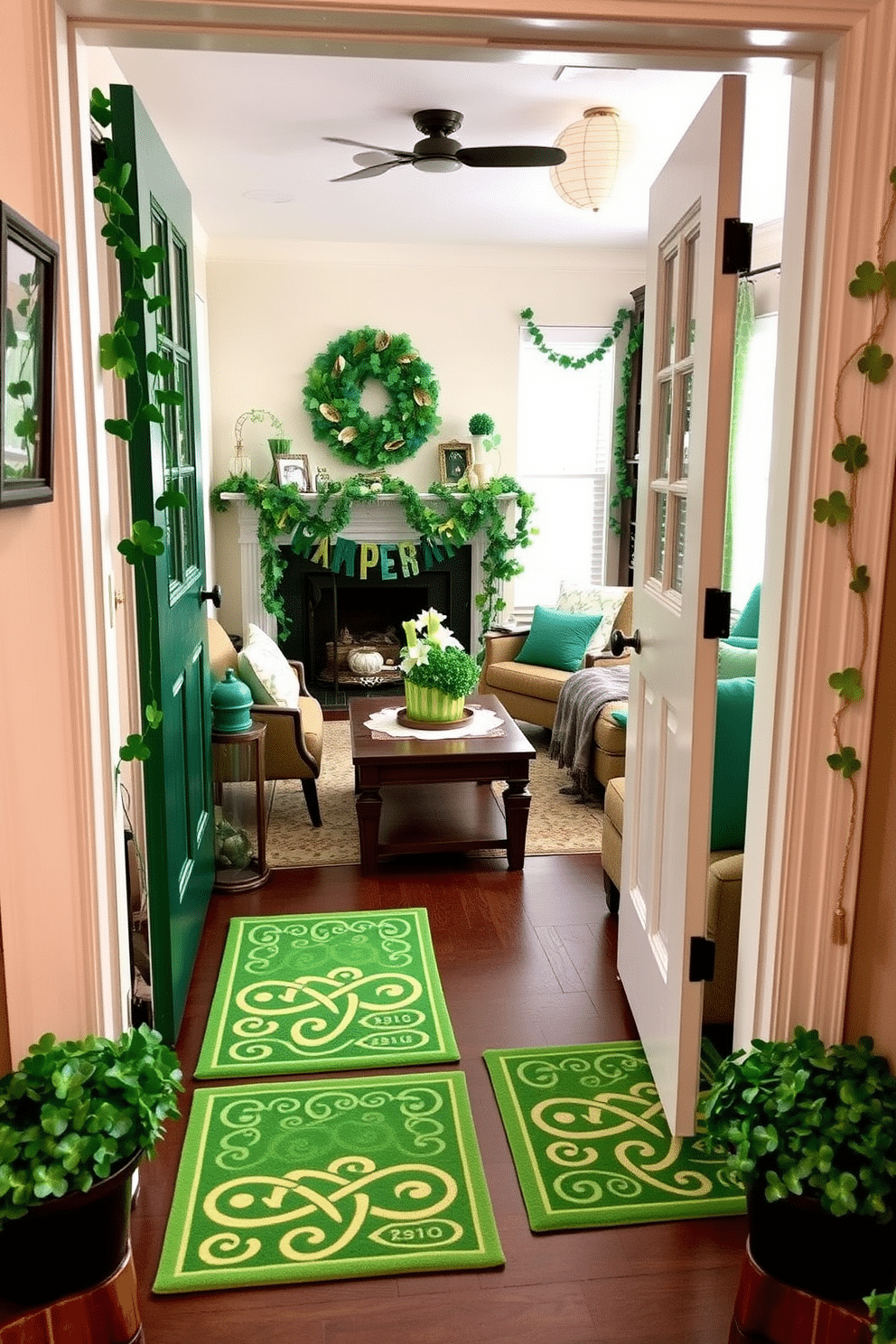 A charming entryway featuring Irish-themed doormats with vibrant green hues and Celtic patterns, welcoming guests with a touch of festive spirit. The doormats are complemented by potted shamrocks on either side of the door, enhancing the St. Patrick's Day ambiance. Inside the apartment, cozy decorations in shades of green and gold adorn the living space, including garlands of shamrocks draped across the mantel. Cheerful accents like green throw pillows and a festive table centerpiece create a warm and inviting atmosphere for celebrating St. Patrick's Day.