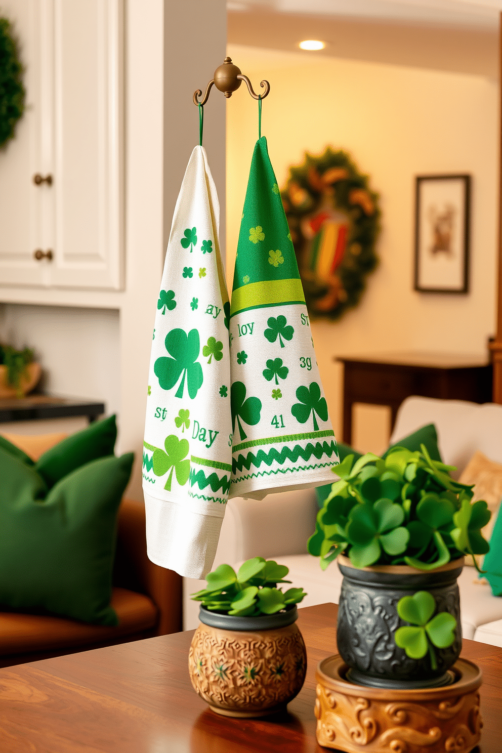 A cheerful kitchen setting adorned with St. Patrick's Day-themed towels featuring vibrant green hues and playful shamrock patterns. The towels are neatly hung on an antique brass rack, adding a touch of elegance to the festive decor. The apartment is decorated with subtle nods to St. Patrick's Day, including green throw pillows on the sofa and a table centerpiece made of fresh clovers in a rustic pot. Soft lighting enhances the cozy atmosphere, inviting guests to enjoy the holiday spirit.