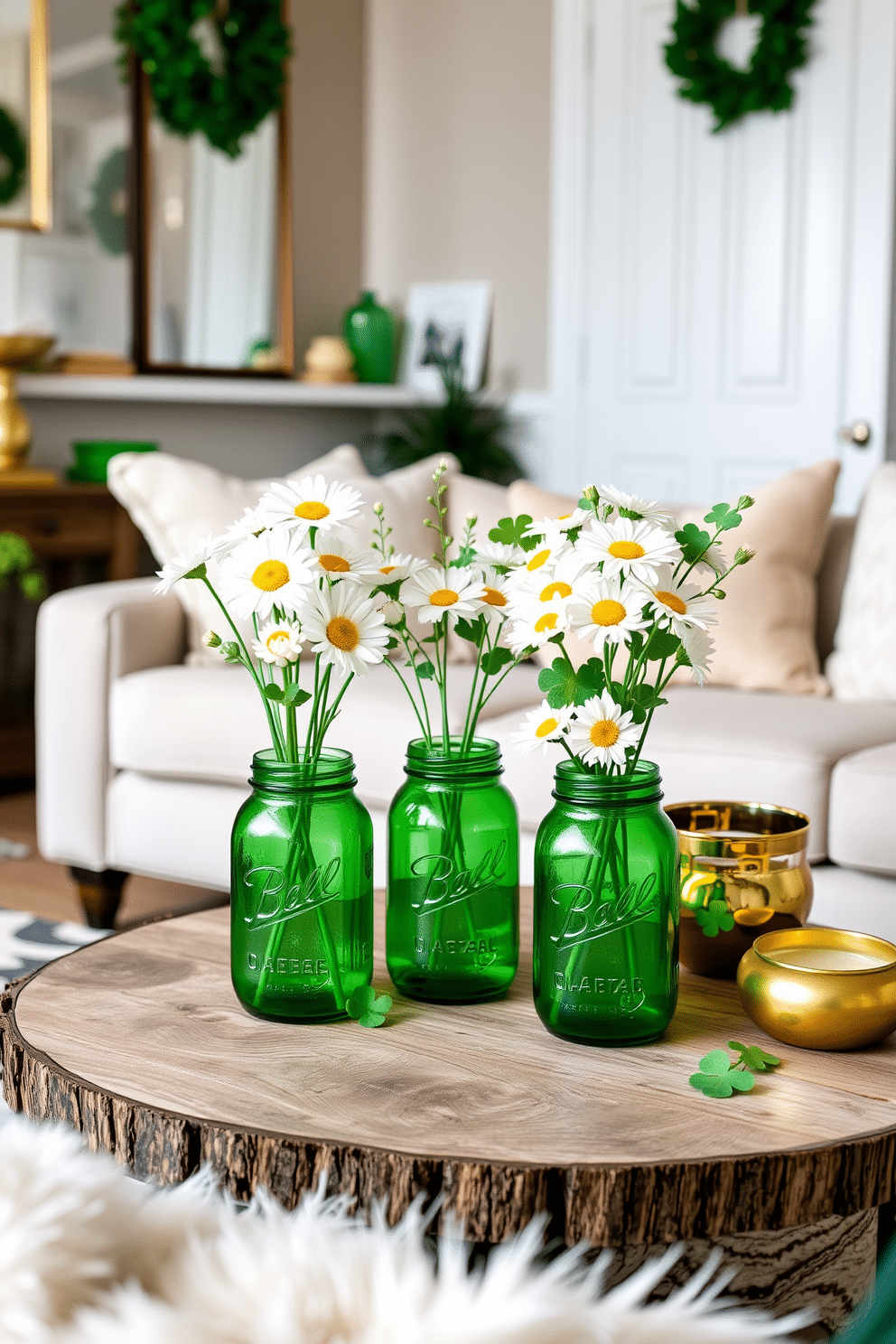 A cozy apartment setting decorated for St. Patrick's Day, featuring green mason jar vases filled with fresh white daisies and sprigs of clover. The jars are placed on a rustic wooden coffee table surrounded by plush, neutral-toned seating and festive green and gold accents throughout the room.