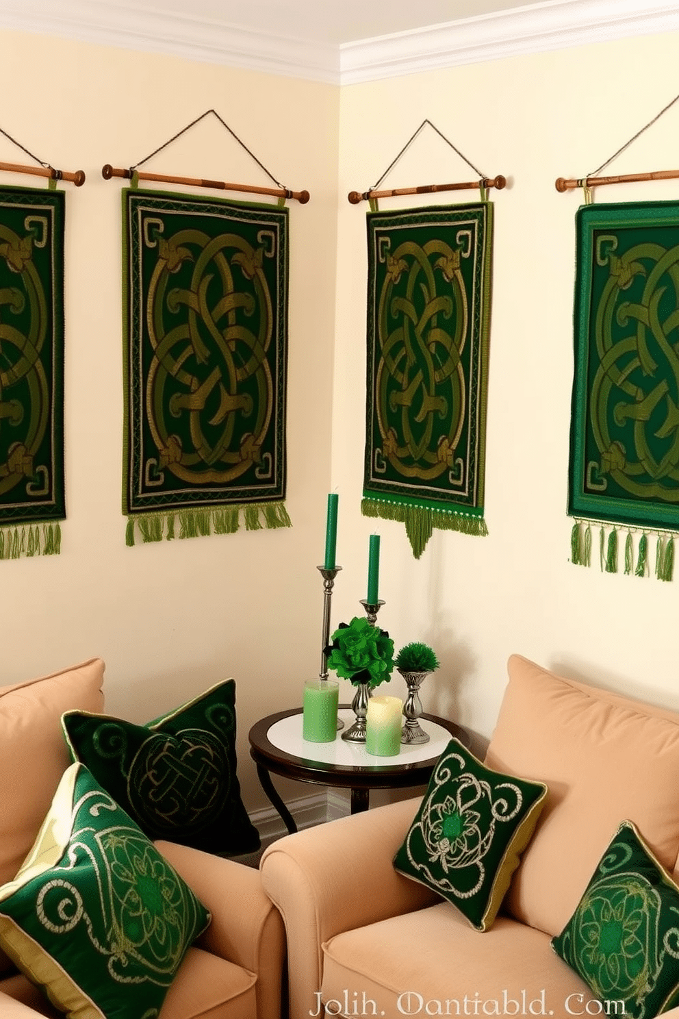 A cozy living room adorned with Celtic knot wall hangings that add a touch of heritage and artistry to the space. The walls are painted in a soft cream color, allowing the intricate designs of the hangings to stand out, while a green and gold color palette complements the St. Patrick's Day theme. In the corner, a small table is set with festive decorations, including shamrock centerpieces and green candles. Plush seating invites relaxation, with throw pillows featuring Celtic patterns enhancing the overall ambiance of the room.