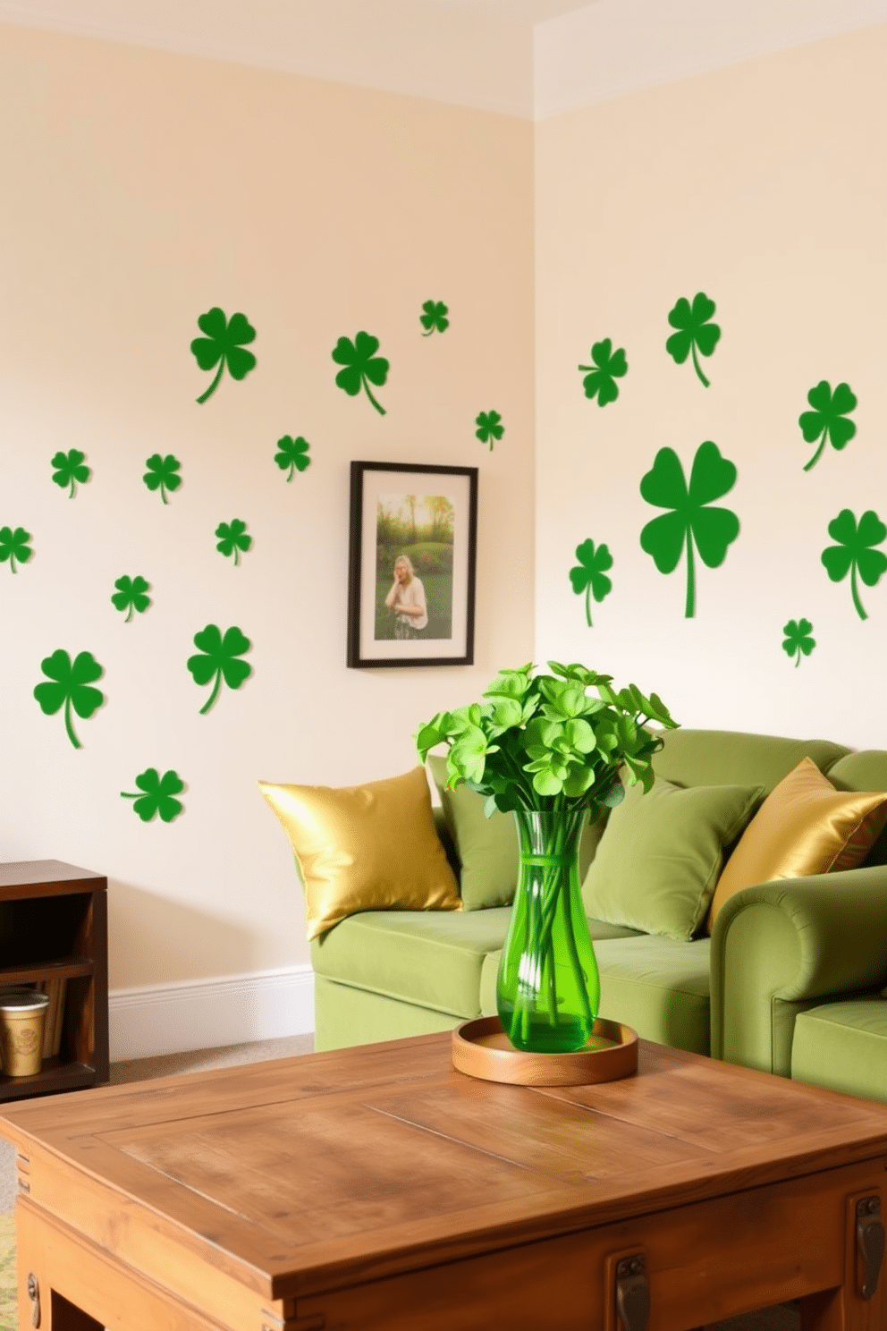 A charming living room adorned with shamrock-shaped wall decals that add a festive touch for St. Patrick's Day. The decals are arranged playfully on a soft cream-colored wall, creating a cheerful atmosphere that invites celebration. A cozy corner features a plush green sofa with gold accent pillows, complemented by a rustic wooden coffee table. Fresh flowers in a vibrant green vase sit atop the table, enhancing the room's festive spirit.