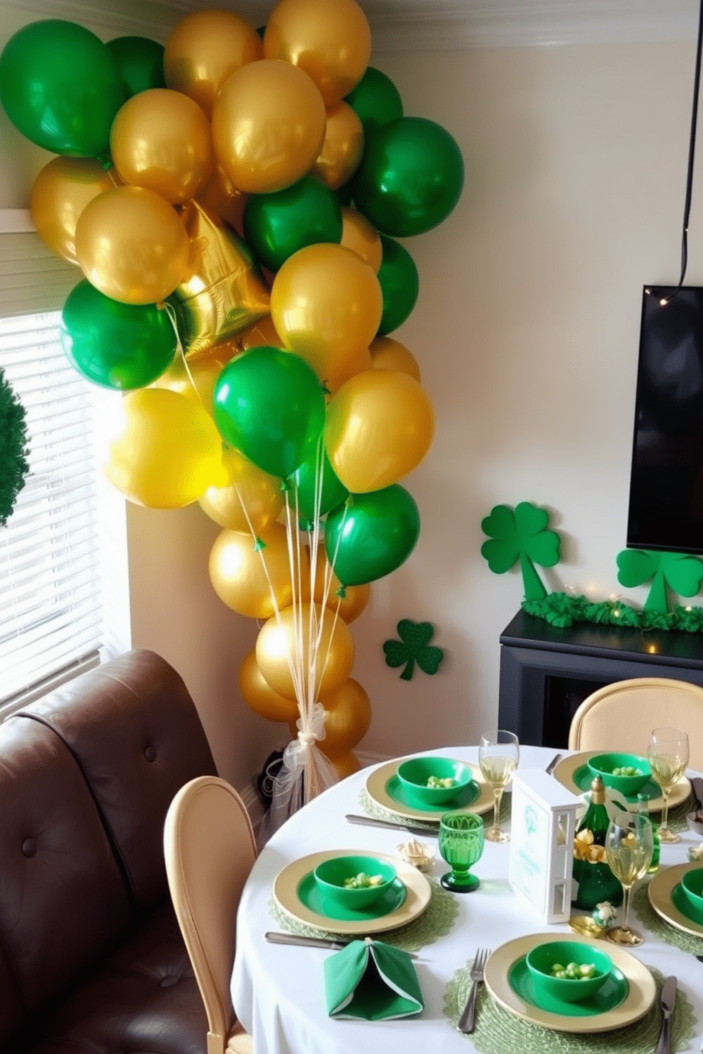 A festive arrangement of green and gold balloons fills the corner of the living room, creating a vibrant atmosphere for St. Patrick's Day celebrations. The balloons vary in size and shape, some tied together in clusters while others float freely, adding a playful touch to the space. In the background, a beautifully set table features green tableware and gold accents, complementing the balloon display. Shamrock decorations and twinkling fairy lights enhance the festive mood, inviting guests to enjoy the holiday spirit.