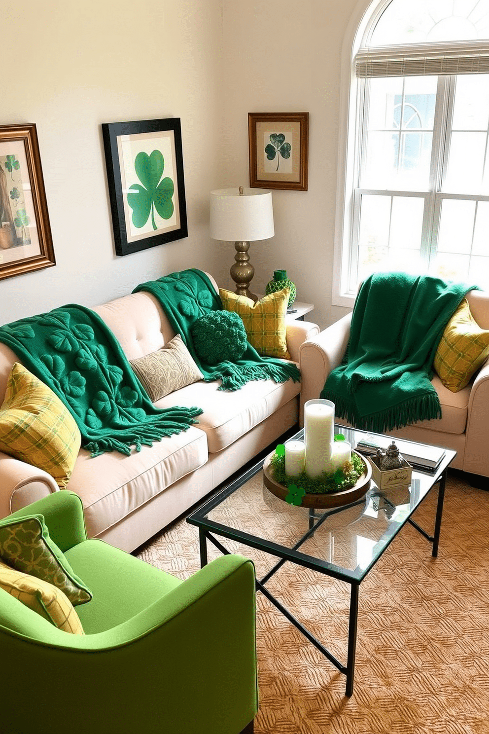 A cozy living room adorned with lucky clover throw blankets draped over a plush, cream-colored sofa. The space is accented with green and gold decorative pillows, and a small coffee table features a festive St. Patrick's Day centerpiece with shamrocks and candles. In the corner, a vibrant green accent chair complements the overall theme, while a large window allows natural light to illuminate the room. The walls are adorned with tasteful St. Patrick's Day artwork, creating an inviting atmosphere perfect for celebrating the holiday.