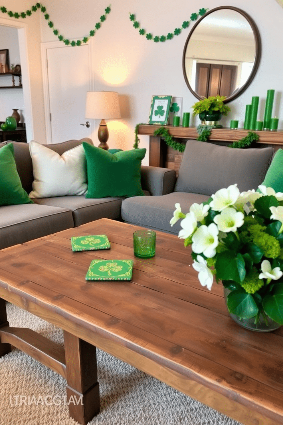 A cozy living room setup featuring St. Patrick's Day-themed coasters on a rustic wooden coffee table. The coasters are adorned with vibrant green and gold designs, complementing the soft green throw pillows on the couch. The apartment is decorated with festive touches, such as shamrock garlands draped across the mantel and green candles placed strategically around the space. A cheerful centerpiece on the dining table includes fresh flowers in shades of green and white, enhancing the holiday spirit.