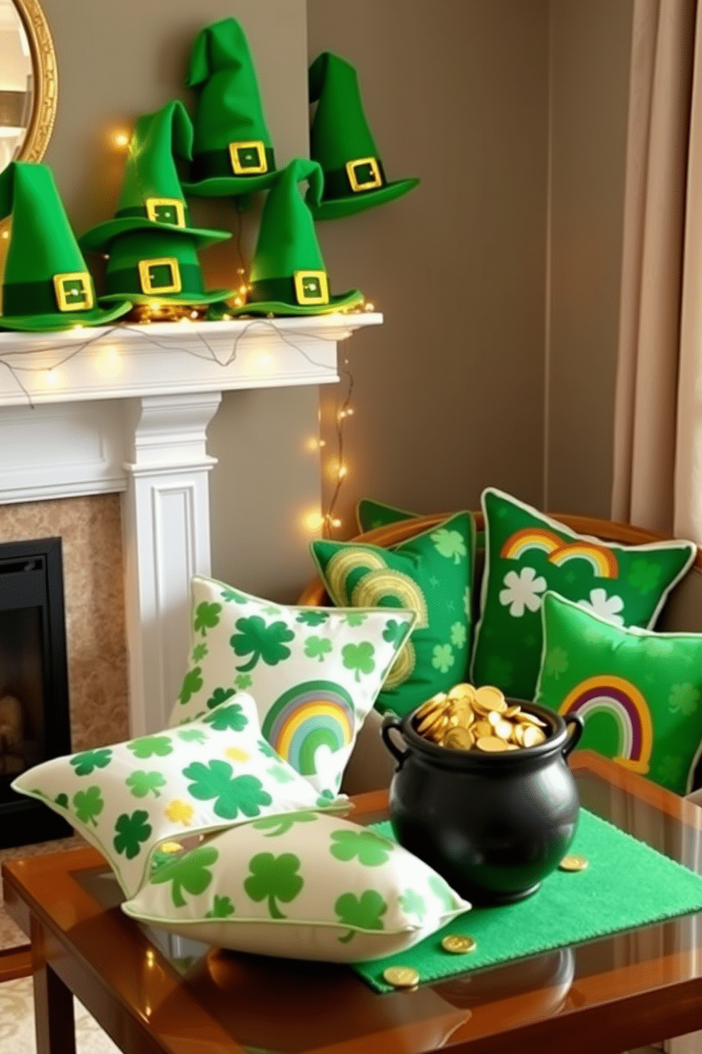 A whimsical display of Leprechaun hats adorns the mantel, each crafted from vibrant green felt and embellished with gold buckles. Surrounding the hats are twinkling fairy lights, adding a magical glow to the festive atmosphere. In the living room, a cozy corner features a collection of St. Patrick's Day-themed throw pillows, each showcasing playful patterns of shamrocks and rainbows. A cheerful table centerpiece, complete with a small cauldron filled with chocolate gold coins, enhances the holiday spirit.