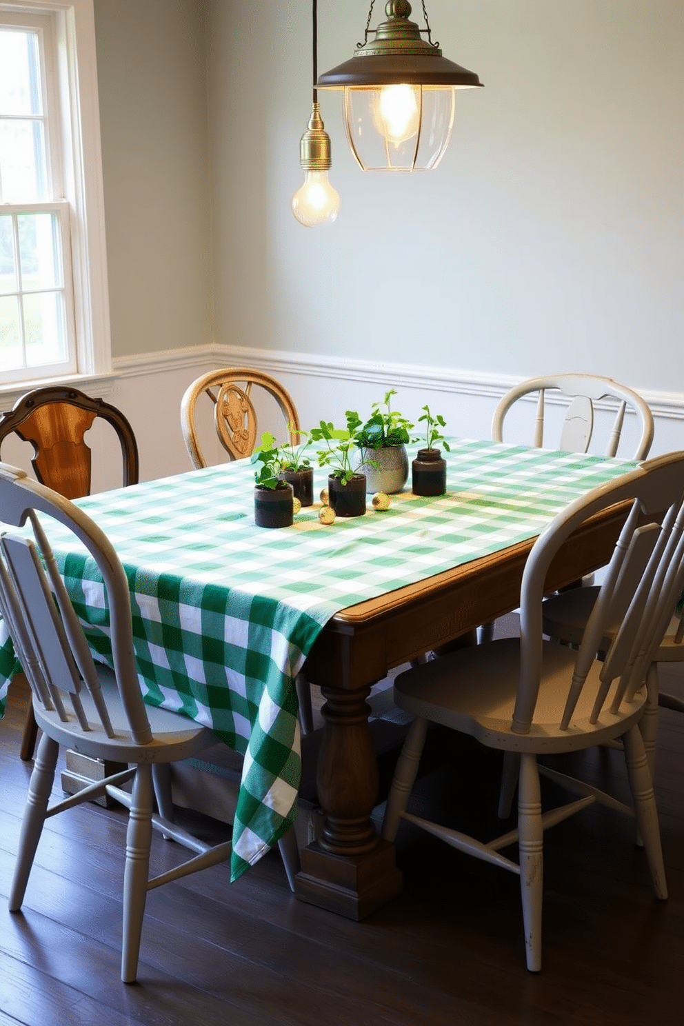 A charming dining setting adorned with a green and white checkered tablecloth drapes elegantly over a rustic wooden table. Surrounding the table are mismatched vintage chairs, each adding a unique character to the festive atmosphere. On the table, a collection of small potted shamrocks and gold accents enhance the St. Patrick's Day theme. Soft, ambient lighting from hanging pendant lamps casts a warm glow, creating an inviting space for celebration.