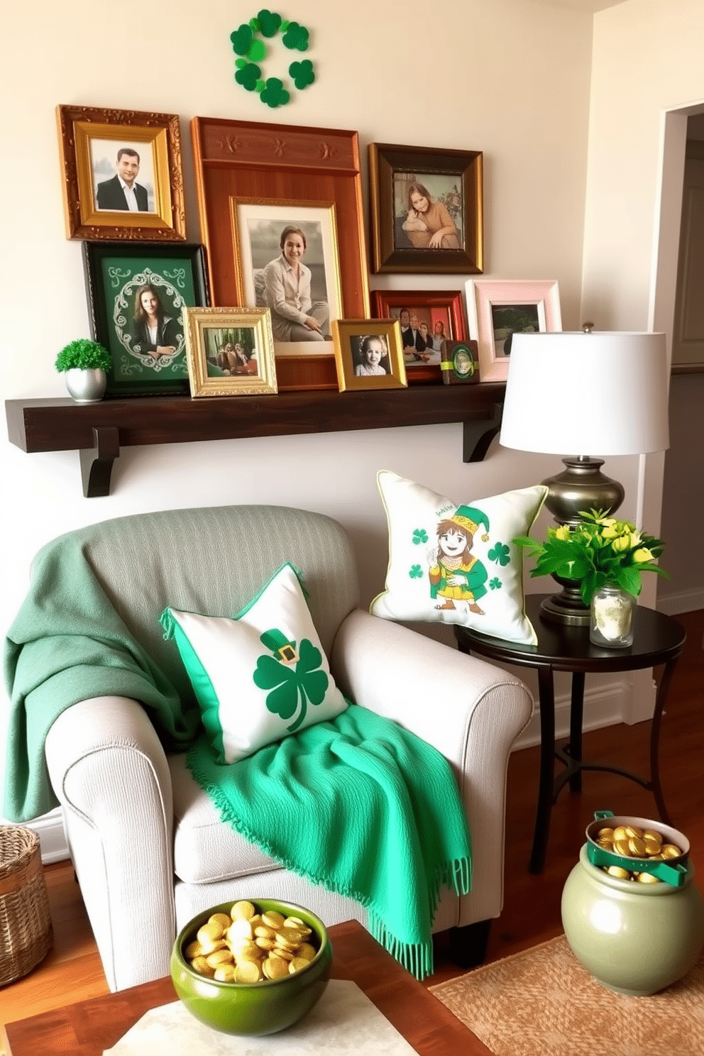 A charming living room adorned with Irish-themed photo frames that showcase traditional Celtic designs. The frames are arranged on a rustic wooden shelf, complemented by green and gold accents that evoke the spirit of St. Patrick's Day. In the corner of the room, a cozy armchair draped with a green throw invites relaxation. Decorative pillows featuring shamrocks and leprechauns add a festive touch, while a small table holds a bowl of pot-of-gold chocolate coins for a playful accent.