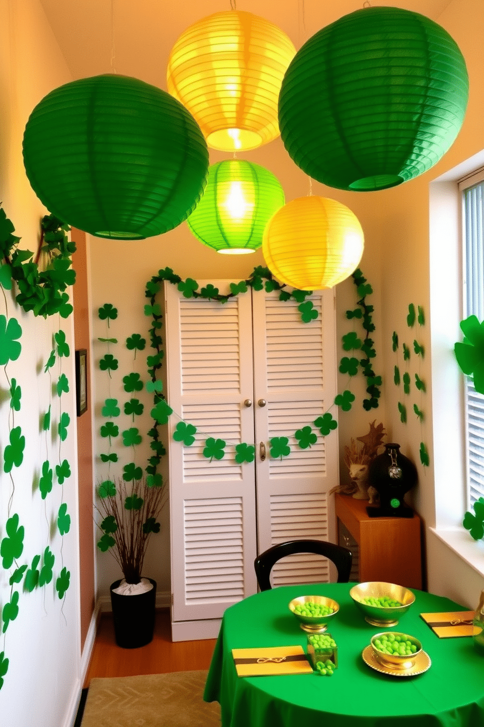 A cozy apartment setting decorated for St. Patrick's Day. Green and gold paper lanterns hang from the ceiling, casting a warm glow over the room. The walls are adorned with festive shamrock garlands, and a small table is set with a cheerful green tablecloth. On the table, there are gold accents, such as napkin rings and decorative bowls filled with green candies.