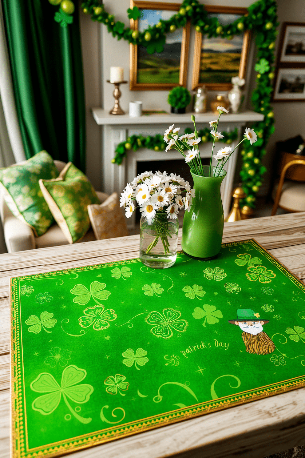 A festive St. Patrick's Day-themed placemat design featuring a vibrant green background adorned with intricate shamrock patterns and golden accents. The placemat is bordered with a delicate gold trim, enhancing its elegance, and includes a whimsical leprechaun illustration in one corner. For apartment St. Patrick's Day decorating ideas, envision a cozy living room adorned with green and gold throw pillows, a cheerful garland of shamrocks draped across the mantel, and a centerpiece of fresh white daisies in a green vase. The walls can be accentuated with framed prints of Irish landscapes, creating a warm and inviting atmosphere for celebrating the holiday.