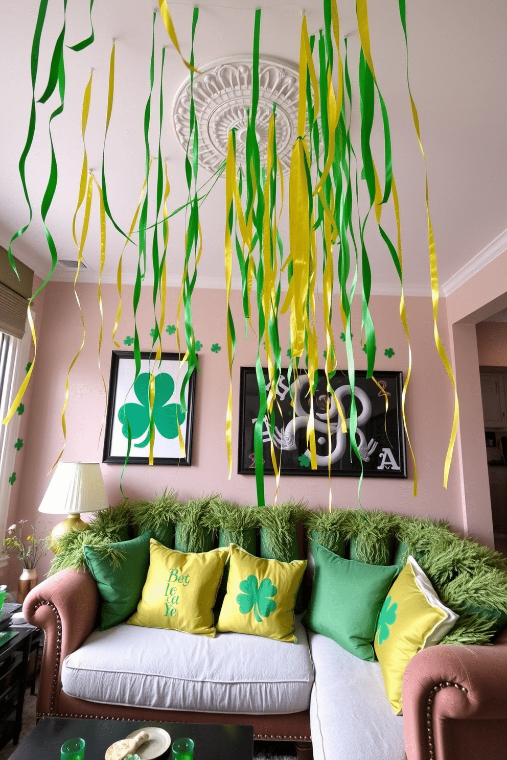 A vibrant apartment adorned with green and gold streamers cascading from the ceiling, creating a festive atmosphere for St. Patrick's Day. The walls are decorated with shamrock-themed artwork, and a cozy seating area features plush cushions in shades of green and gold, inviting guests to relax and celebrate.