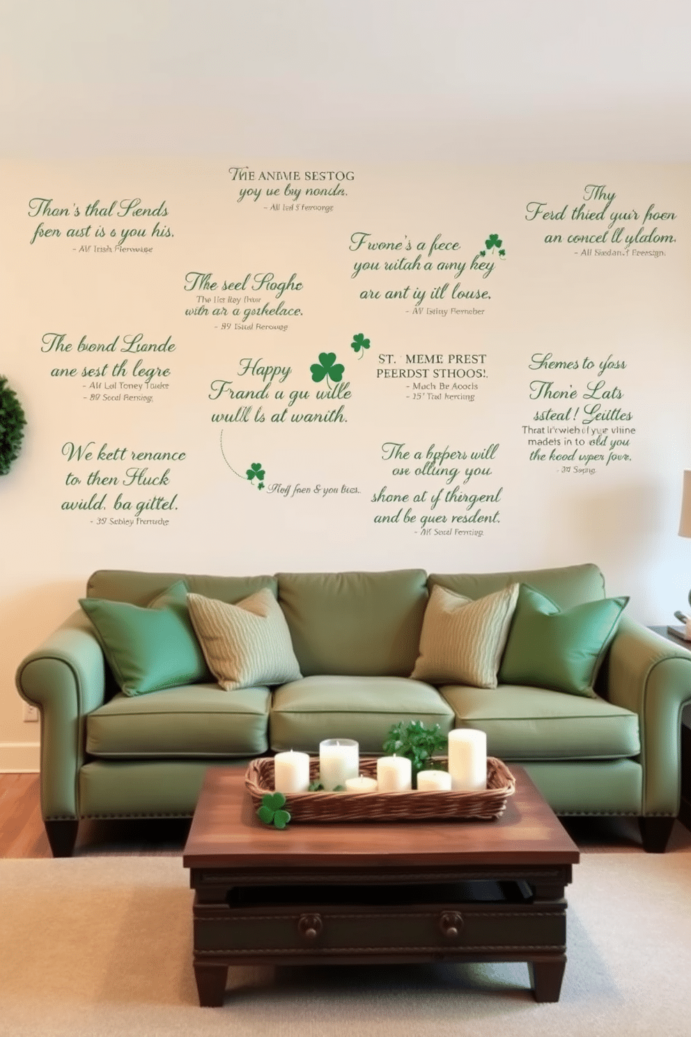 A cozy living room adorned with Irish proverb wall decals, featuring phrases in elegant script that celebrate heritage and wisdom. The walls are painted a soft cream, creating a warm backdrop for the vibrant green and gold accents typical of St. Patrick's Day decor. A plush green sofa sits at the center, complemented by throw pillows in various shades of green and gold. A rustic wooden coffee table displays a festive arrangement of shamrocks and candles, while a woven basket filled with decorative elements adds a touch of charm to the space.