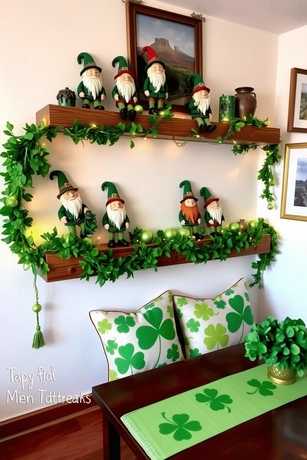 Leprechaun figurines are artfully arranged on rustic wooden shelves, each one displaying unique details and vibrant colors that capture the essence of Irish folklore. Surrounding the figurines, lush green garlands and twinkling fairy lights create a whimsical atmosphere, perfect for celebrating St. Patrick's Day. In the cozy apartment, festive decorations include shamrock-patterned throw pillows and a cheerful green table runner on the dining table. The walls are adorned with framed prints of Irish landscapes, enhancing the holiday spirit while maintaining a sophisticated aesthetic.