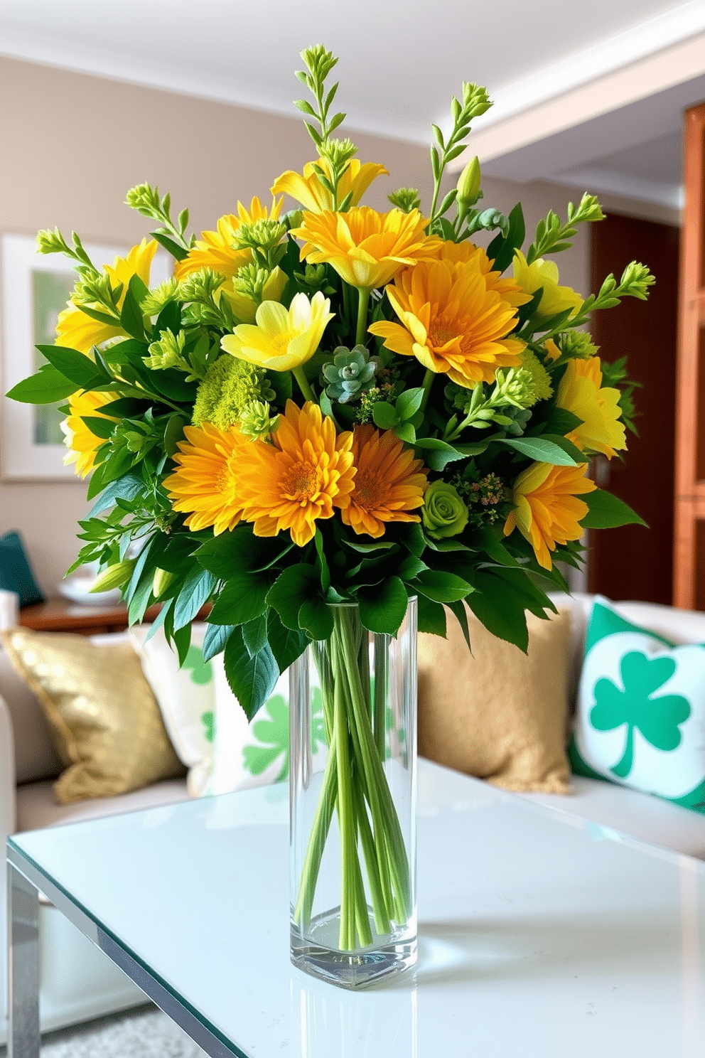 A vibrant arrangement of green and gold flowers is displayed in a chic glass vase, capturing the essence of St. Patrick's Day. The flowers are artfully arranged with lush greenery, creating a festive and elegant focal point for any room. For a cozy apartment setting, incorporate playful St. Patrick's Day decorations such as green throw pillows and gold-accented tableware. Add touches of whimsy with shamrock-themed decor pieces that enhance the festive atmosphere while maintaining a sophisticated aesthetic.