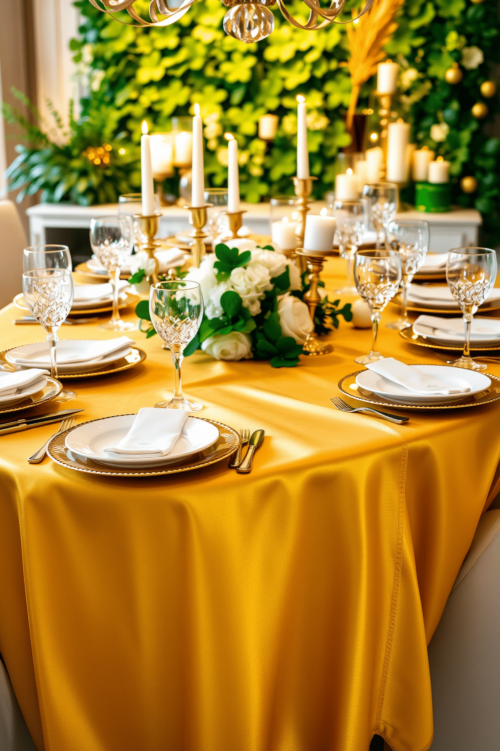 A lavish dining table adorned with gold and green table runners that cascade elegantly over the edges. The runners are complemented by delicate white china plates and sparkling crystal glasses, creating a festive and sophisticated atmosphere for St. Patrick's Day celebrations. In the background, lush green foliage and gold accents enhance the overall decor, while small decorative elements like shamrocks and candles add a charming touch. Soft, ambient lighting casts a warm glow, inviting guests to enjoy a delightful dining experience.