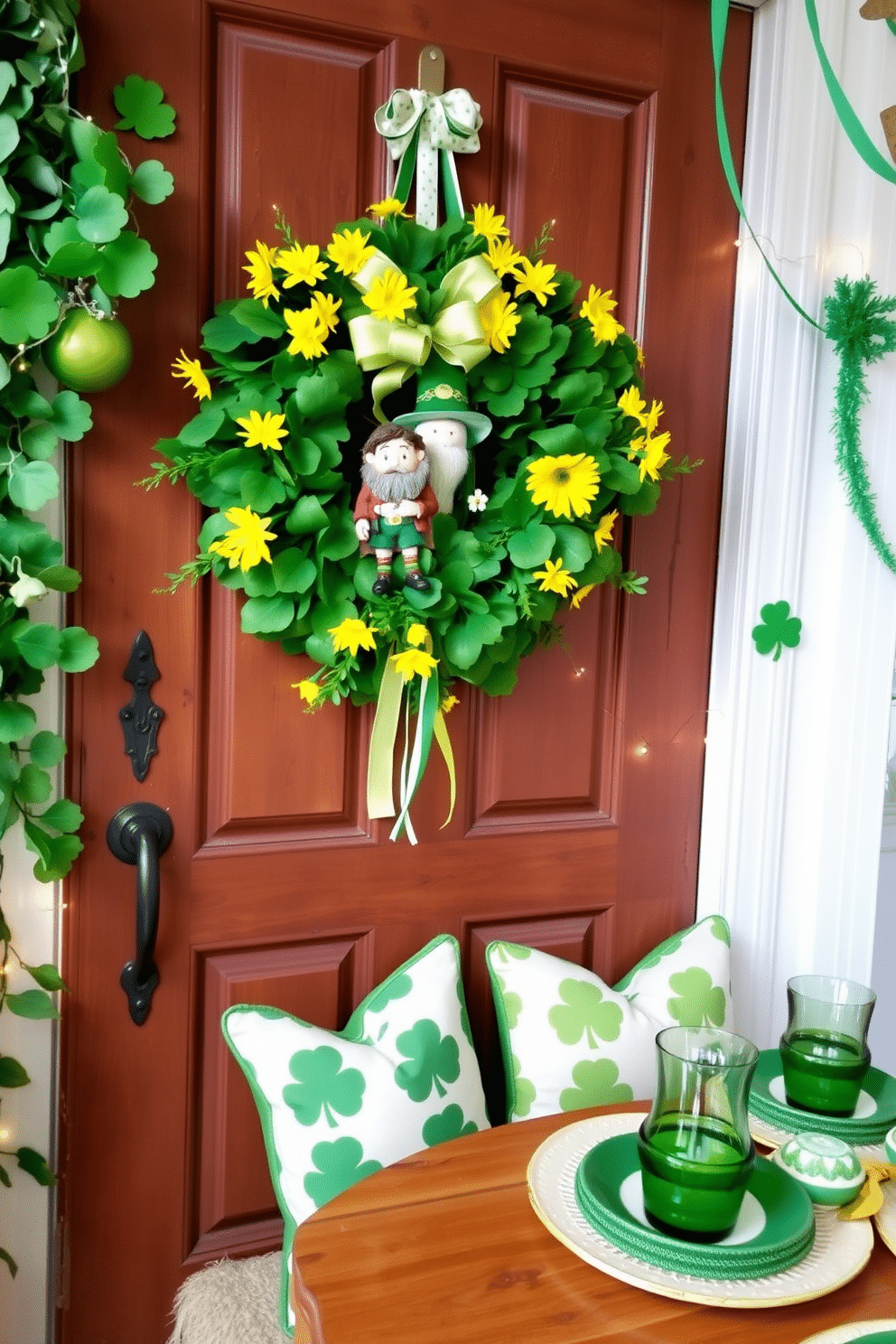 A vibrant St. Patrick's Day wreath adorned with lush green leaves and bright yellow flowers hangs on a rustic wooden door. The centerpiece features a playful leprechaun figurine and a variety of festive ribbons, creating a cheerful welcome for guests. In the apartment, whimsical decorations celebrate St. Patrick's Day with green and gold accents throughout the living space. Shamrock-patterned throw pillows and twinkling fairy lights add a touch of magic, while a festive table setting showcases green dishes and gold cutlery for a lively gathering.