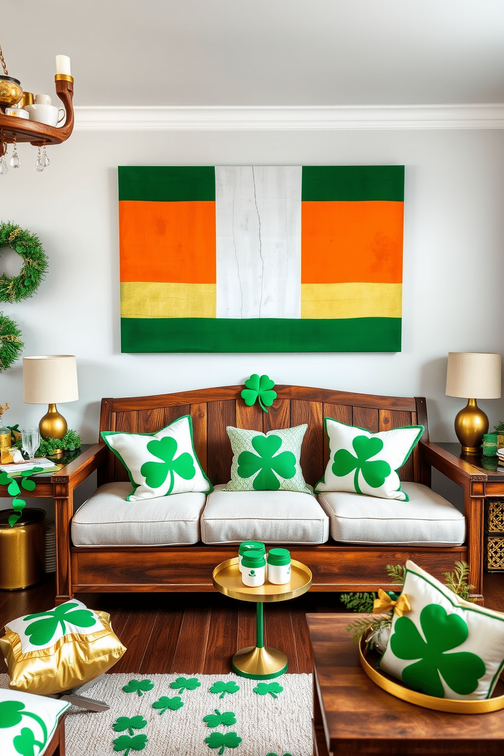 A vibrant living room adorned with Irish flag-inspired wall art. The artwork features bold green, white, and orange stripes, creating a striking focal point above a rustic wooden sofa. Festive St. Patrick's Day decorations are tastefully arranged throughout the apartment. Shamrock-patterned cushions and gold accents complement the overall theme, bringing warmth and cheer to the space.