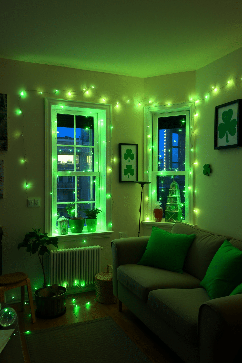 A cozy apartment adorned with green fairy lights delicately wrapped around the windows, casting a warm and inviting glow throughout the space. The walls are decorated with festive St. Patrick's Day accents, including shamrock-themed artwork and vibrant green cushions on the sofa.