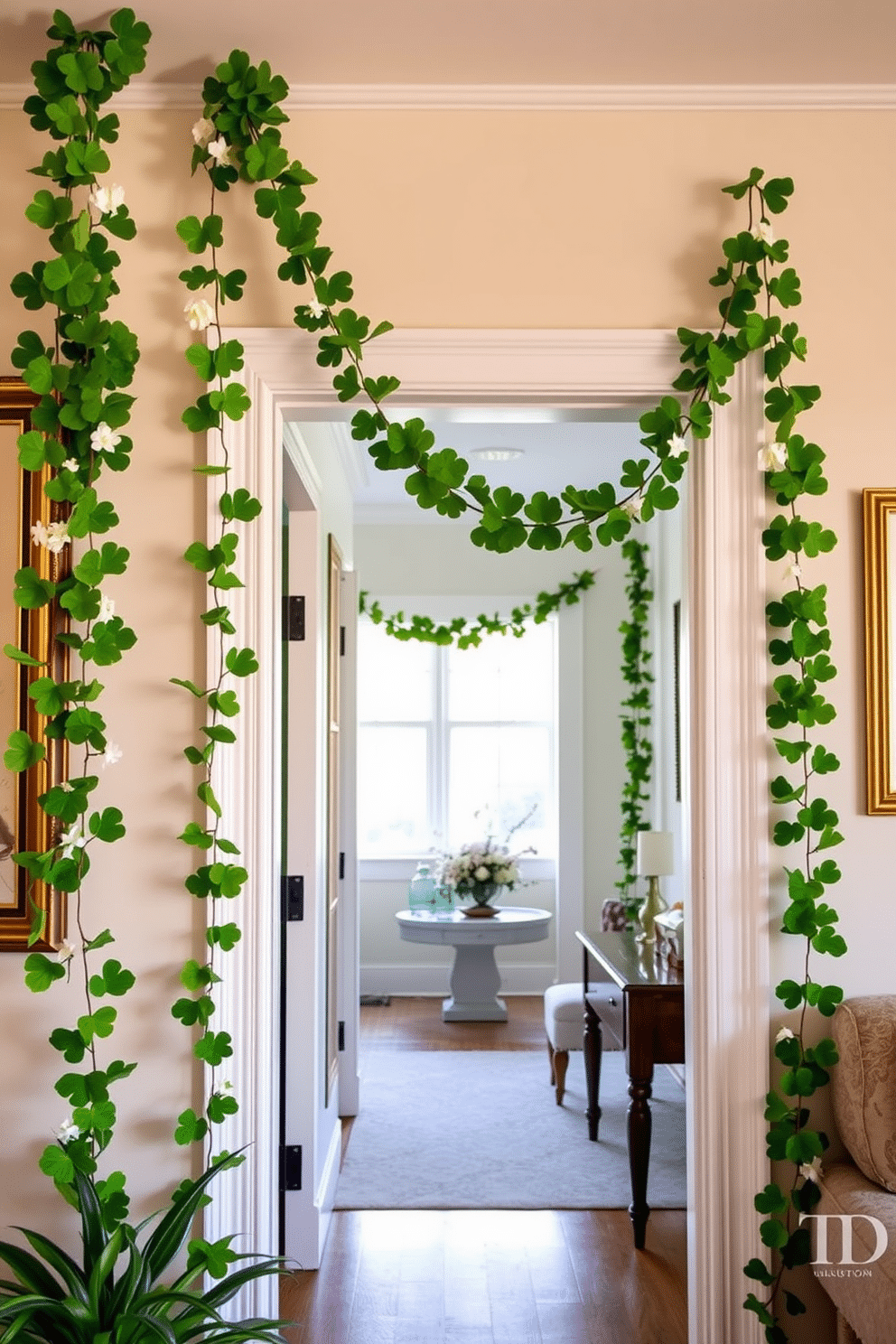 A charming apartment adorned for St. Patrick's Day features vibrant clover garlands draped elegantly above doorways, creating a festive atmosphere. The garlands are made of lush green leaves, interspersed with delicate white flowers, adding a touch of whimsy and celebration to the space.