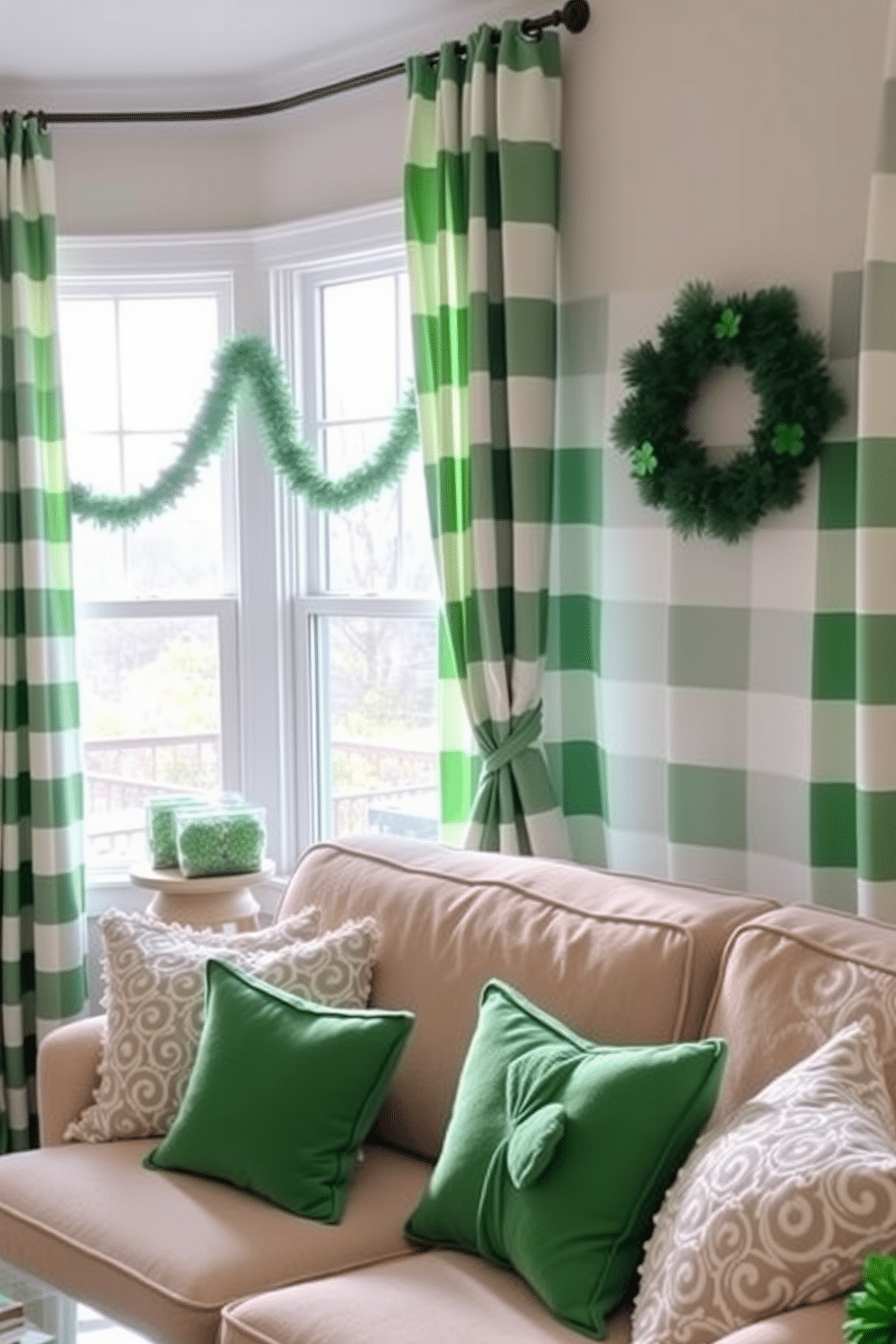 A cozy living room adorned with green and white striped curtains that gently frame the windows, allowing soft natural light to filter in. The curtains complement the festive St. Patrick's Day decorations, featuring shamrock garlands and vibrant green throw pillows on a plush sofa.