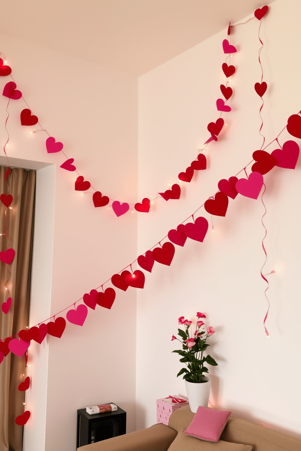 A festive apartment adorned with red and pink heart garlands drapes gracefully across the walls, creating a warm and inviting atmosphere. Soft fairy lights twinkle among the garlands, enhancing the romantic ambiance for Valentine's Day celebrations.