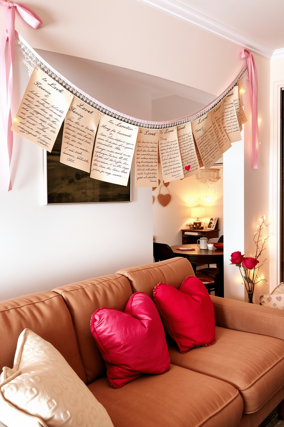 A romantic love letter banner drapes elegantly across the wall, adorned with delicate lace and soft pink ribbons. The letters are crafted from vintage-style paper, each one beautifully handwritten, creating a whimsical and heartfelt atmosphere. In the apartment, cozy Valentine's Day decorations fill the space with warmth and affection. Heart-shaped pillows adorn the sofa, while twinkling fairy lights cast a soft glow over the dining area, inviting intimate gatherings and sweet moments.