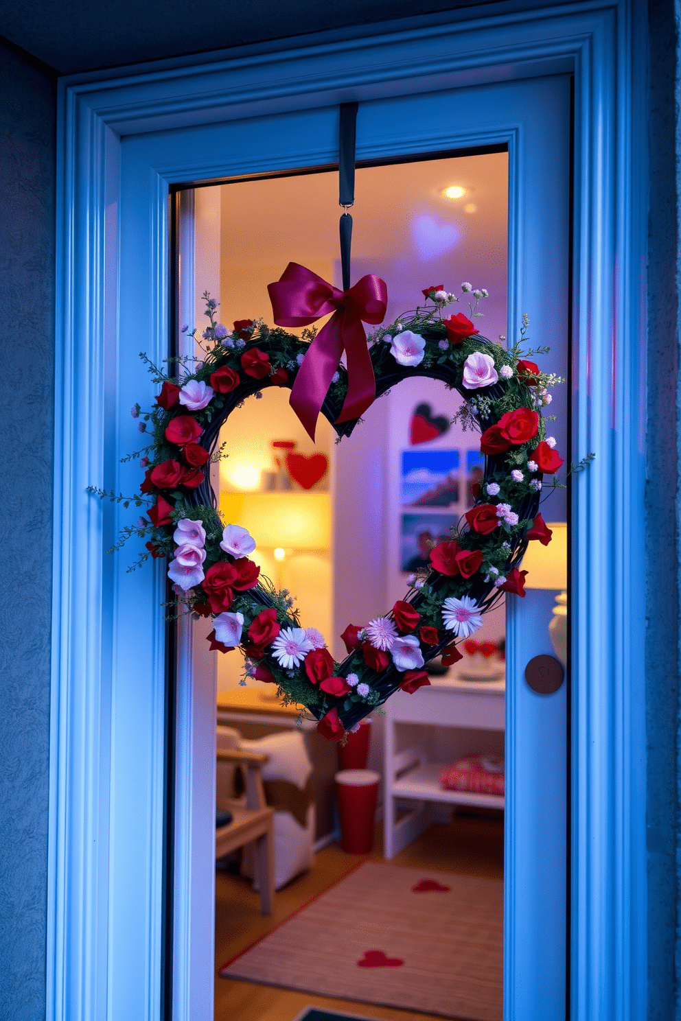 A charming heart-shaped wreath hangs on the front door, adorned with red and pink flowers and delicate greenery. Inside, the apartment is decorated with soft, romantic lighting and festive accents, creating a warm atmosphere for Valentine's Day celebrations.