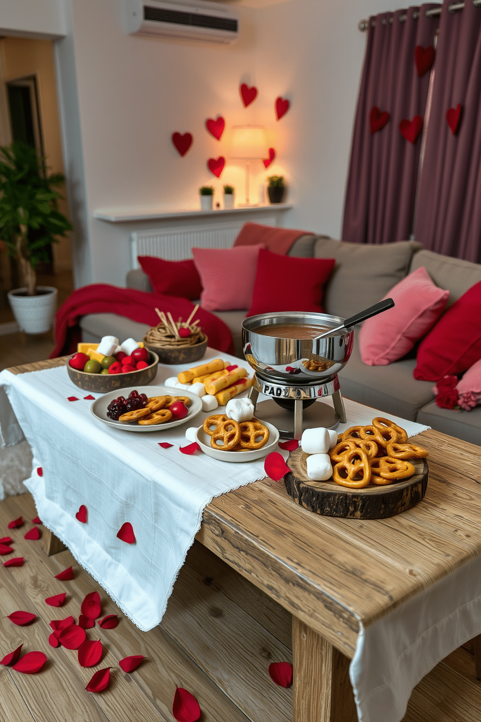 A charming chocolate fondue station is set up on a rustic wooden table, adorned with a white tablecloth and scattered red rose petals. The station features a sleek fondue pot, surrounded by an array of fresh fruits, marshmallows, and pretzels for dipping. The apartment is transformed for Valentine's Day with soft, ambient lighting and heart-shaped decorations. Cozy throws and cushions in shades of red and pink are arranged on the sofa, creating an inviting atmosphere perfect for a romantic evening.