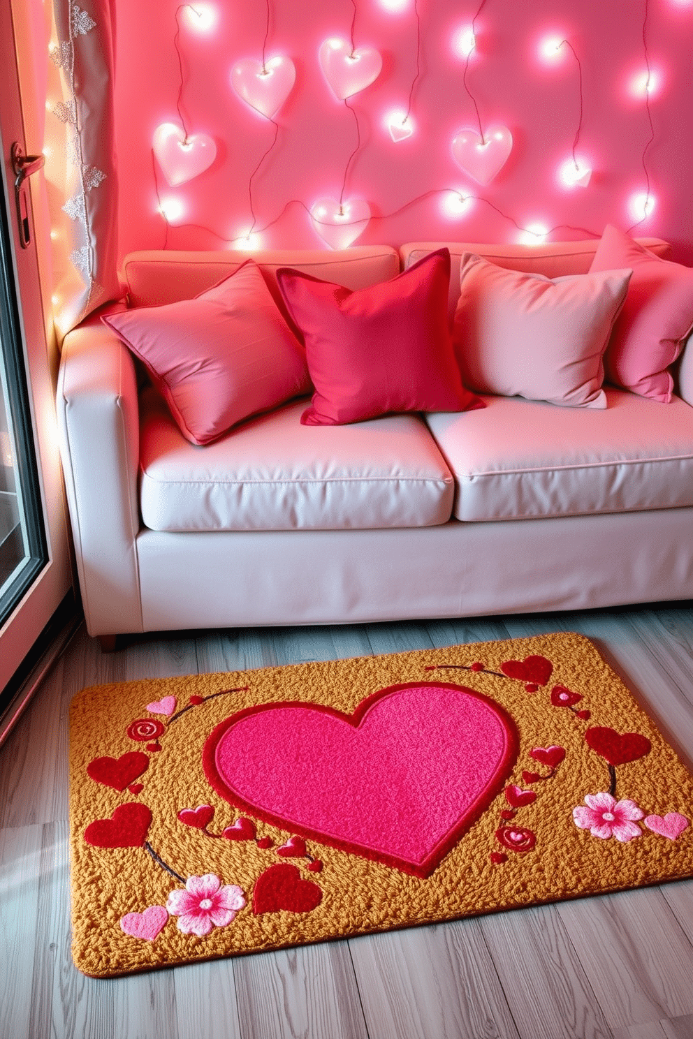 A Valentine's themed doormat featuring a heart design in vibrant red and pink hues, surrounded by delicate floral accents. The mat is made of durable coir with a non-slip backing, perfect for welcoming guests with a romantic touch. For apartment Valentine's Day decorating ideas, envision a cozy living space adorned with soft, pastel-colored throw pillows and heart-shaped cushions on the sofa. String lights in the shape of hearts illuminate the room, creating a warm and inviting atmosphere for a romantic evening.