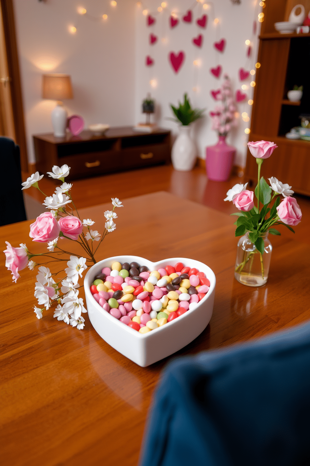 A charming heart-shaped candy dish sits elegantly on a polished wooden table, filled with an assortment of colorful candies. Surrounding the dish are delicate floral arrangements in soft pinks and whites, enhancing the romantic ambiance of the space. The apartment is adorned with subtle Valentine's Day decorations, including heart-shaped garlands draped across the walls. Soft, ambient lighting casts a warm glow, creating an inviting atmosphere perfect for celebrating love.