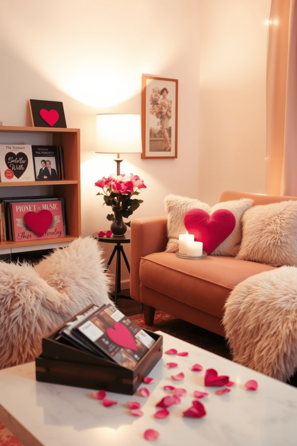 A cozy living room setting adorned with soft lighting and plush seating. A curated selection of romantic music albums is displayed on a stylish shelf, inviting relaxation and intimacy. The space features heart-themed decor, with delicate accents like rose petals scattered on the coffee table. A warm, inviting color palette of soft pinks and creams enhances the romantic atmosphere, perfect for a Valentine's Day celebration.