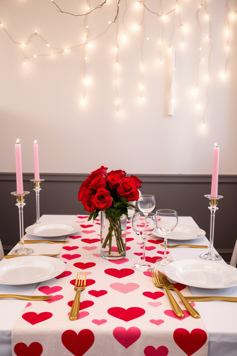 A romantic dining table setting adorned with a Valentine's themed table runner featuring heart patterns in shades of red and pink. The table is elegantly set with white dinnerware, gold flatware, and crystal glassware, complemented by a bouquet of fresh red roses in a glass vase at the center. The surrounding decor includes soft pink candles placed on either side of the table, casting a warm glow. Delicate string lights are draped above, adding a whimsical touch to the intimate atmosphere.