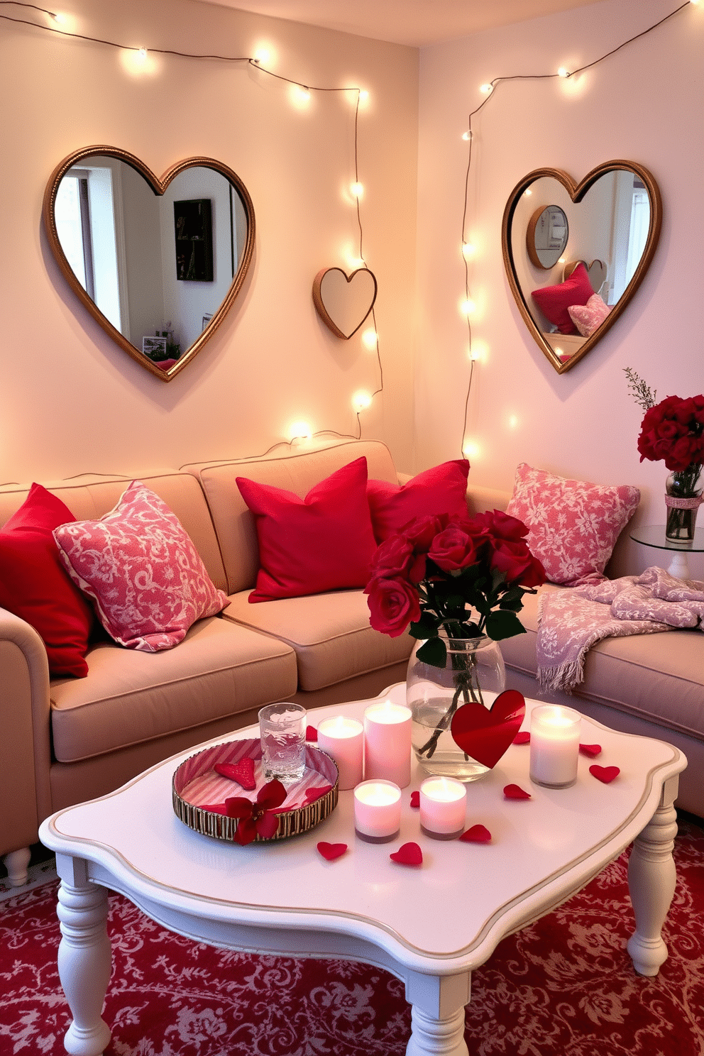 A cozy living room adorned for Valentine's Day features heart-shaped mirrors elegantly mounted on the walls, reflecting soft, ambient lighting. Plush cushions in shades of pink and red are scattered across a stylish sofa, creating a romantic atmosphere perfect for the occasion. A charming coffee table is set with heart-themed decor, including a vase filled with fresh roses and delicate candles. The space is accented with string lights that add a warm glow, enhancing the overall festive feel of the room.