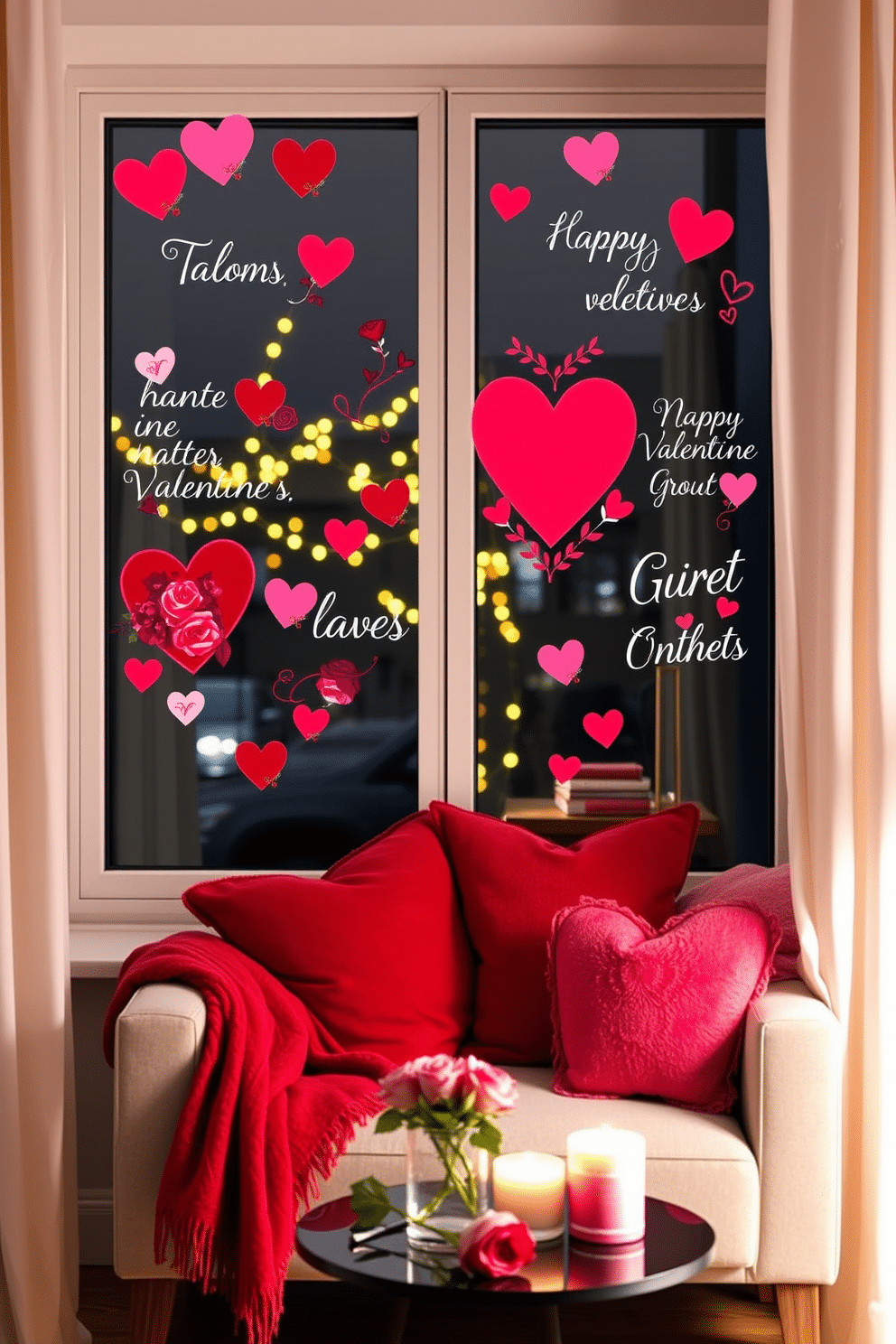 Create a cozy apartment setting adorned with Valentine's Day window clings that feature hearts, flowers, and romantic messages. The window displays a soft, warm glow from fairy lights, enhancing the festive atmosphere inside the apartment. Incorporate plush throw pillows and blankets in shades of red and pink on a stylish sofa, inviting relaxation. A small table is set with heart-shaped candles and a bouquet of roses, completing the romantic decor.