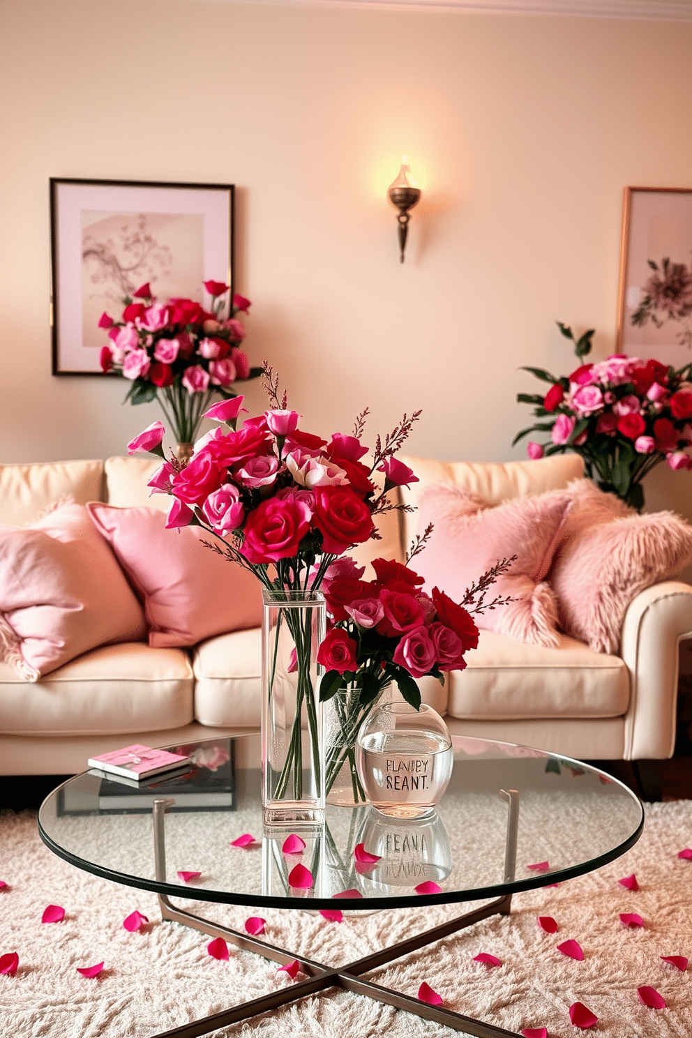 A vibrant living room adorned with pink and red floral arrangements, creating a romantic atmosphere for Valentine's Day. The arrangements are artfully placed in elegant vases on a stylish coffee table, complemented by soft, plush cushions in coordinating hues on the sofa. The walls are adorned with subtle artwork that echoes the color palette, enhancing the overall warmth of the space. Soft, ambient lighting casts a gentle glow, making the room inviting and perfect for a cozy celebration.