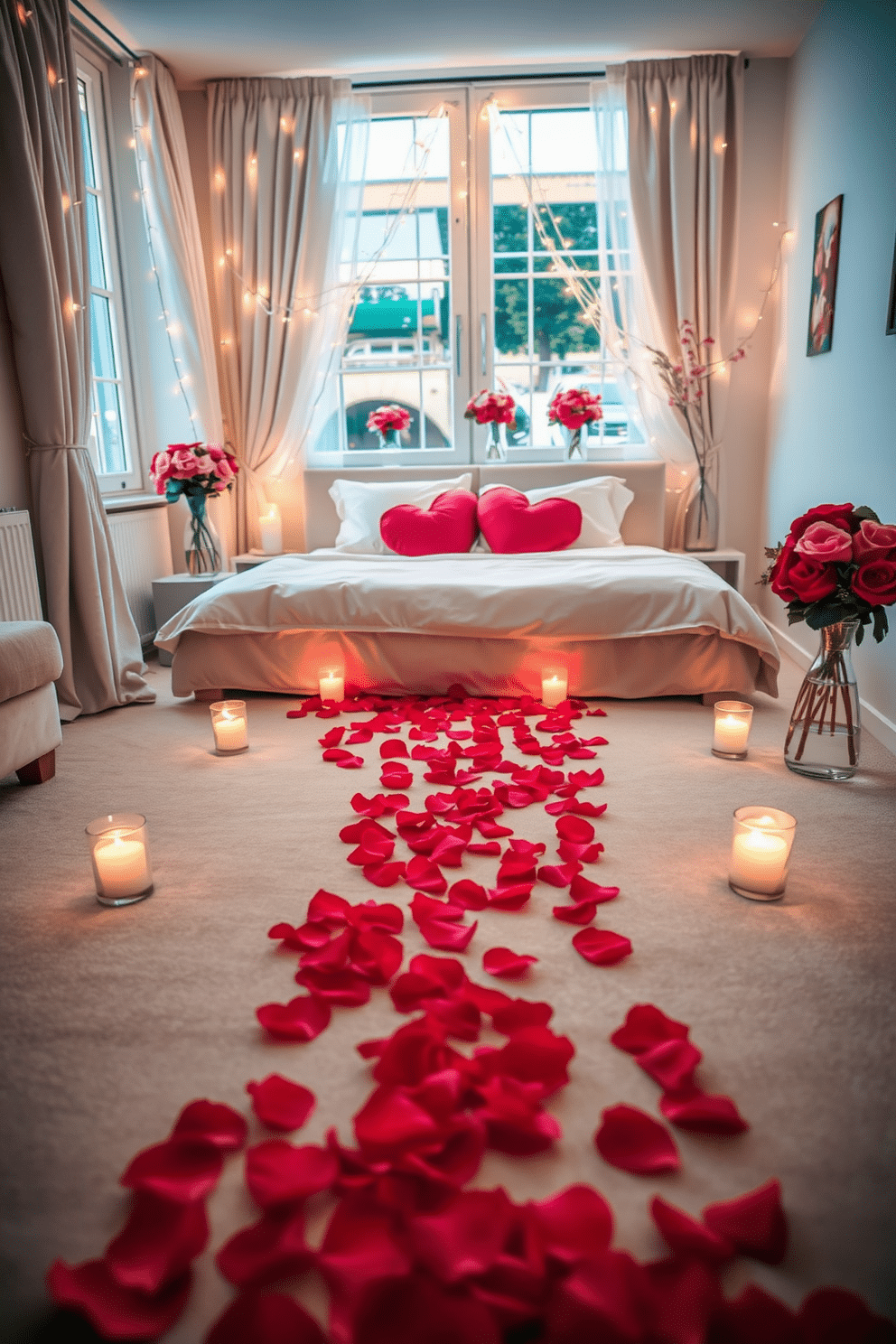 A romantic rose petal pathway leads to a beautifully made bed adorned with soft, luxurious linens. The pathway is illuminated by flickering candles on either side, creating a warm and inviting atmosphere for a perfect Valentine's Day escape. The apartment is decorated with subtle touches of love, featuring heart-shaped pillows on the couch and delicate fairy lights draped across the windows. Fresh flowers in elegant vases add a splash of color, enhancing the cozy and intimate vibe of the space.