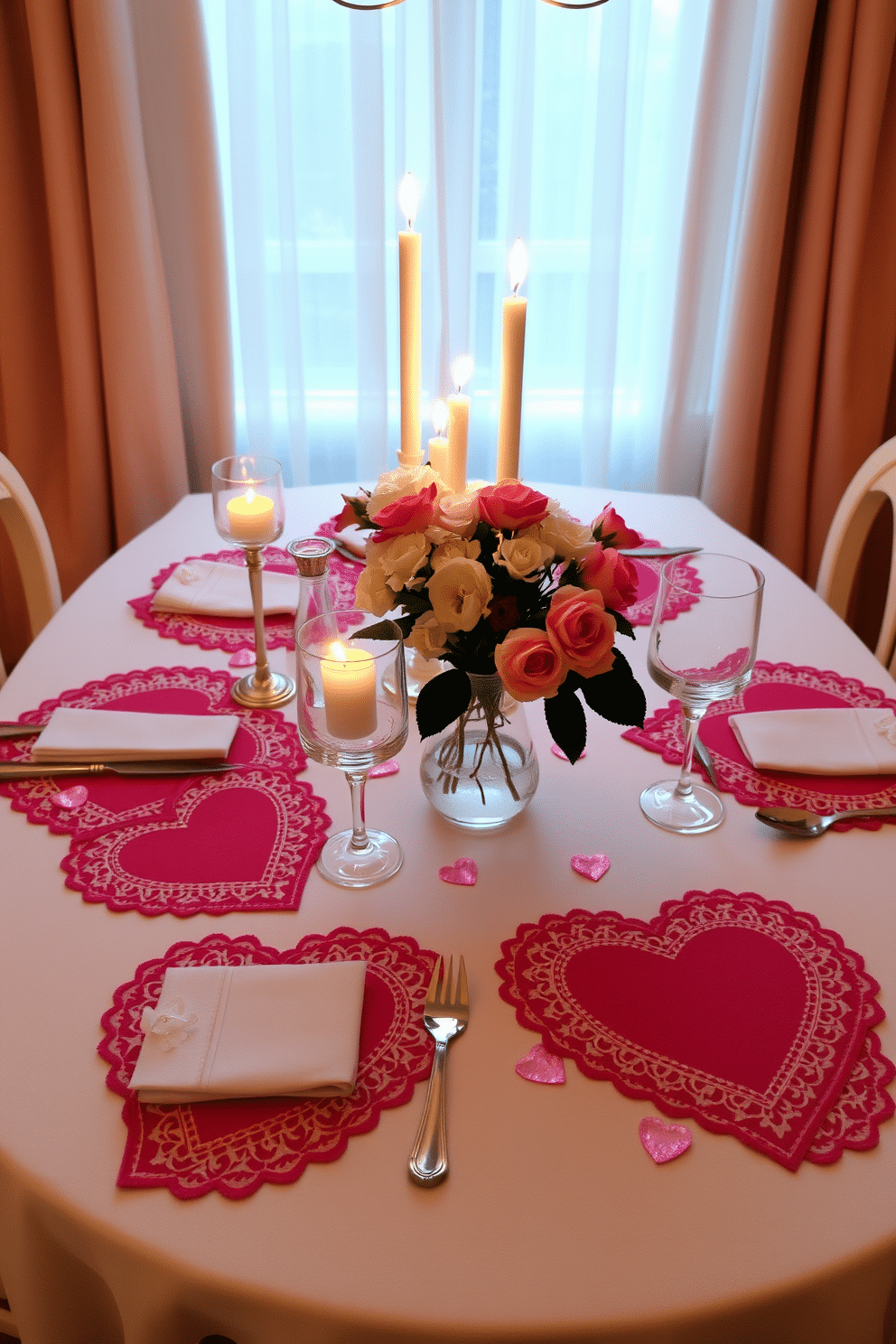 A charming dining setup featuring heart-shaped placemats that add a romantic touch to the table. The placemats are adorned with intricate lace detailing, enhancing the overall elegance of the setting. Surrounding the table, soft, ambient lighting creates a warm atmosphere perfect for a Valentine's Day celebration. Fresh flowers in a delicate vase complement the decor, while candles flicker gently, adding to the intimate vibe.