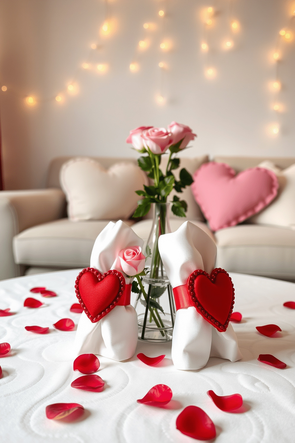 A charming table setting for Valentine's Day, featuring elegant napkin rings adorned with red and pink hearts. The table is beautifully decorated with a soft white tablecloth, and scattered rose petals create a romantic ambiance. For the Valentine's Day decor, a cozy living room setup showcases heart-shaped cushions on a plush sofa. Delicate fairy lights twinkle overhead, complementing a centerpiece of fresh roses in a glass vase.