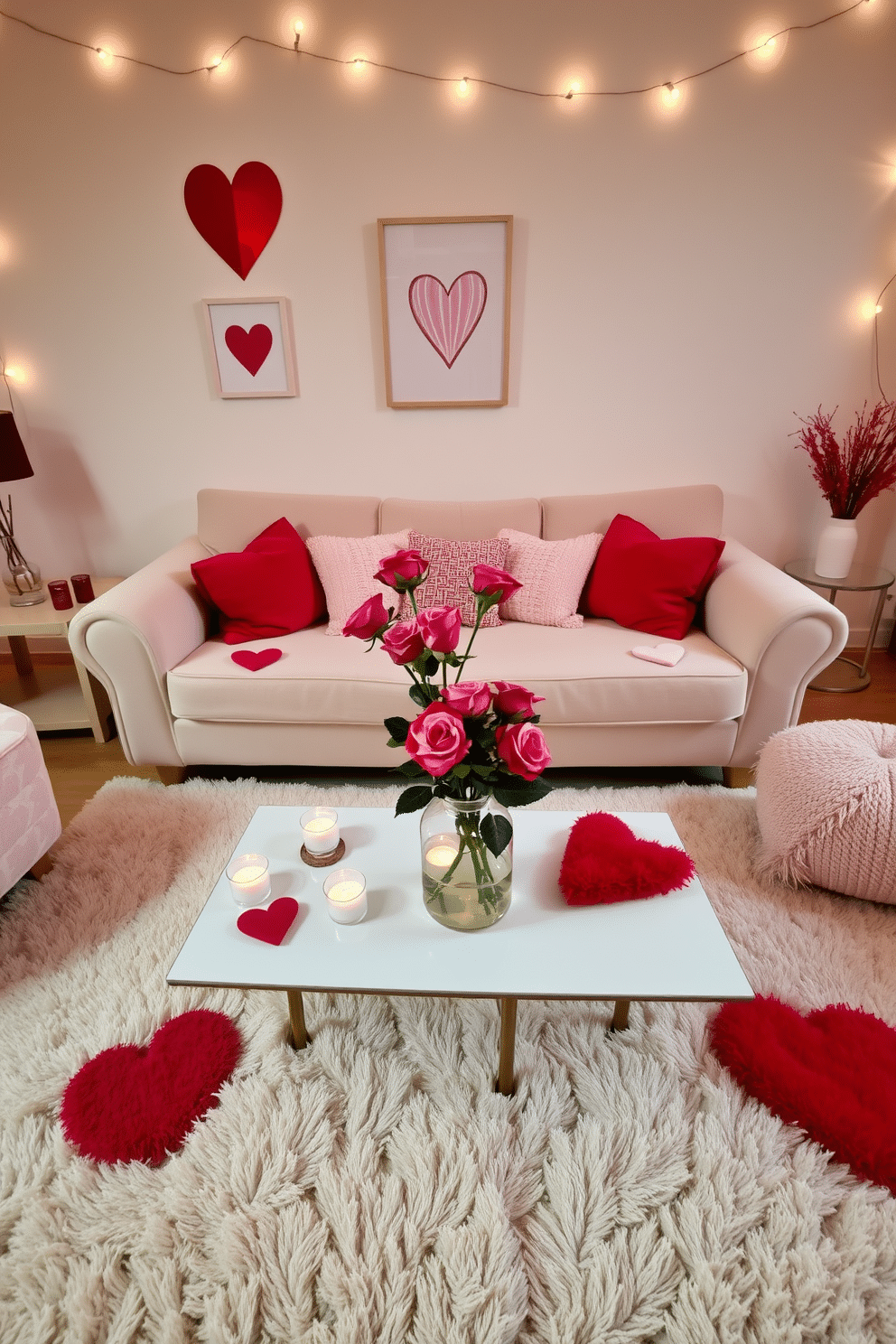 A cozy living room setting designed for Valentine's Day. In the center, a plush sofa adorned with heart-shaped coasters rests on a soft, pastel-colored rug, surrounded by decorative pillows in shades of pink and red. On the coffee table, a romantic centerpiece features a bouquet of fresh roses in a glass vase, complemented by flickering candles. The walls are adorned with subtle heart-themed artwork, and string lights create a warm, inviting ambiance throughout the space.